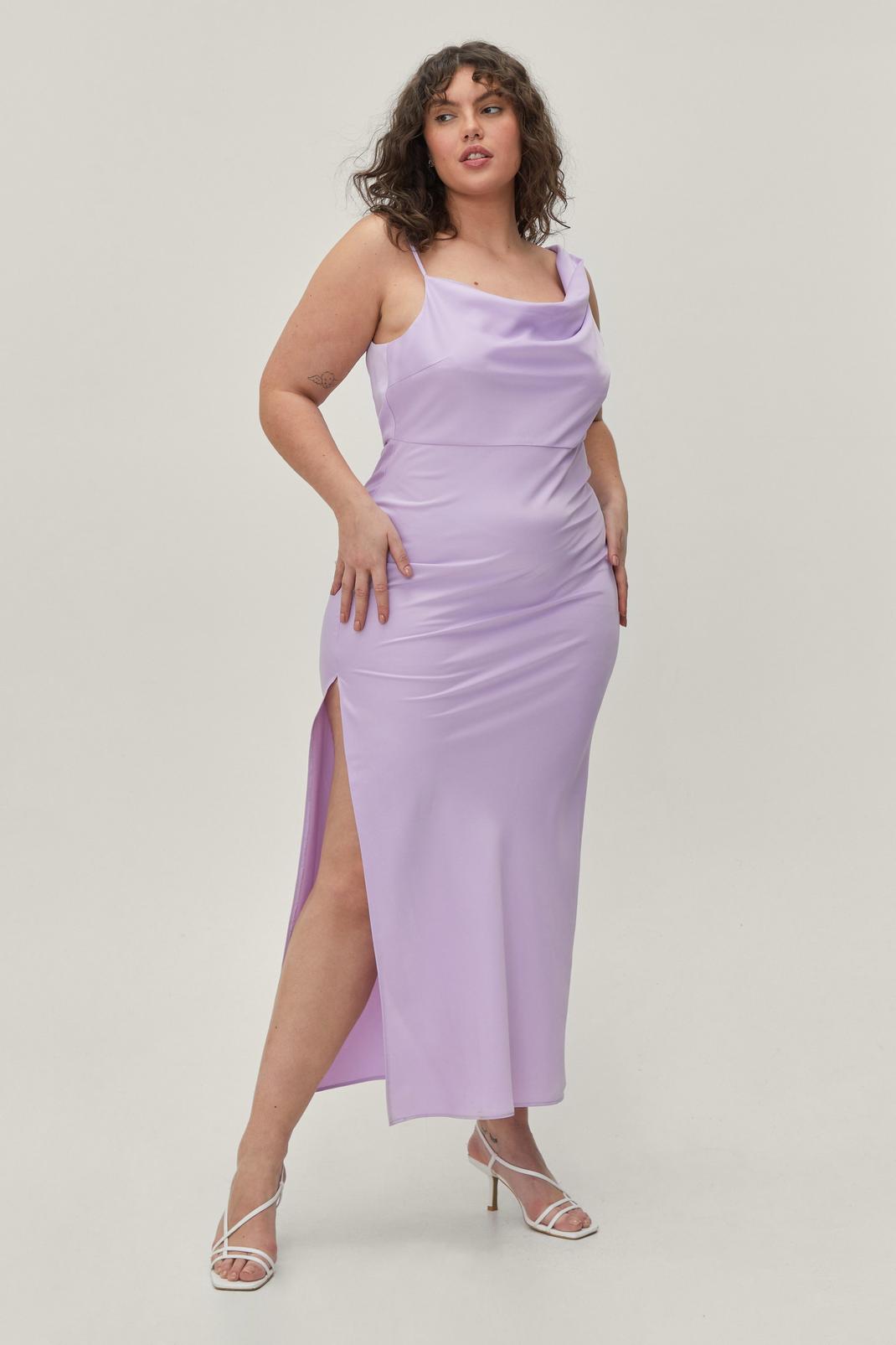 Lilac Plus Size Satin Asymmetric Cowl Front Maxi Dress image number 1