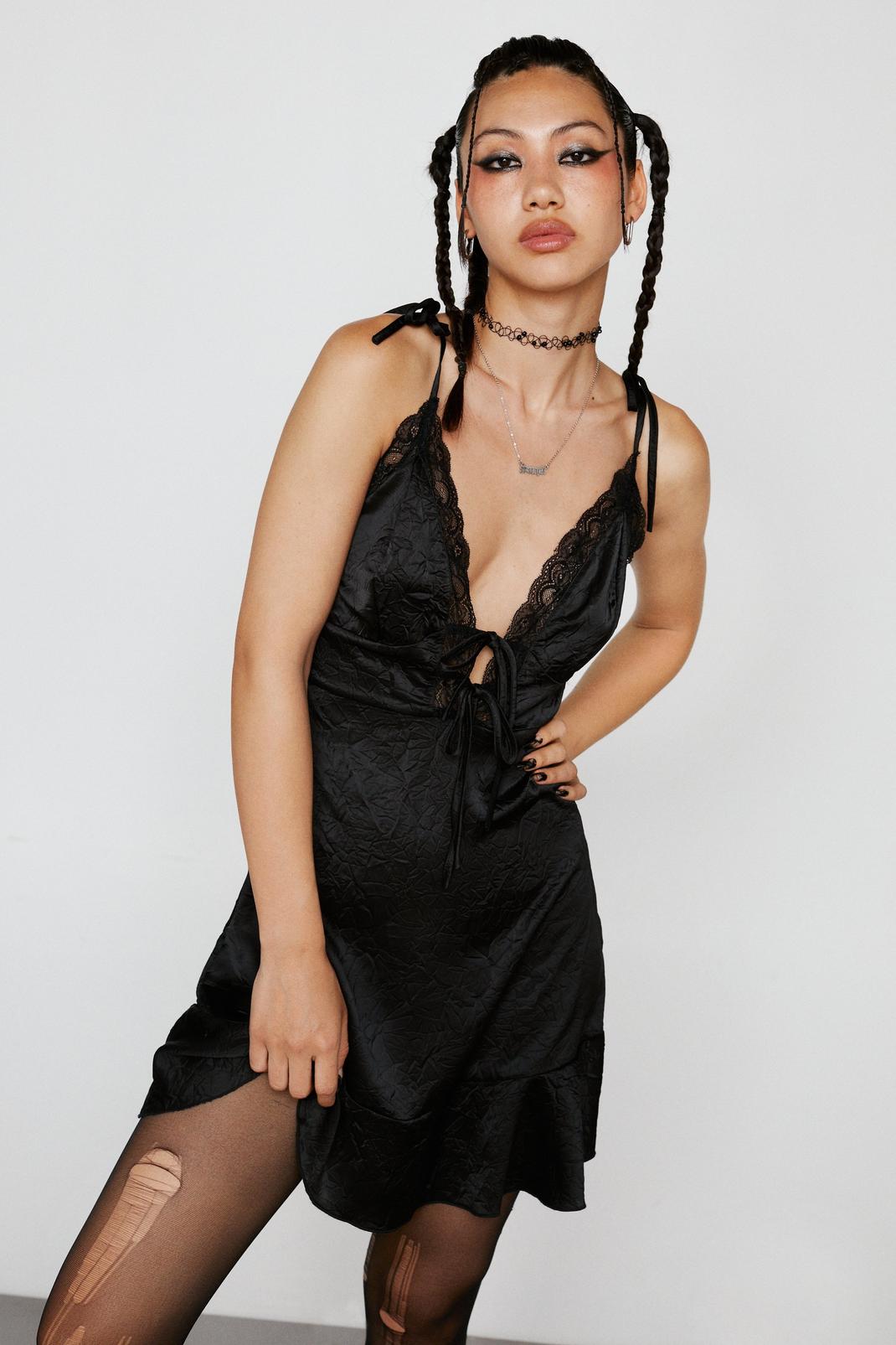 Black Satin Lace Trim Tie Front Mini Slip Dress image number 1