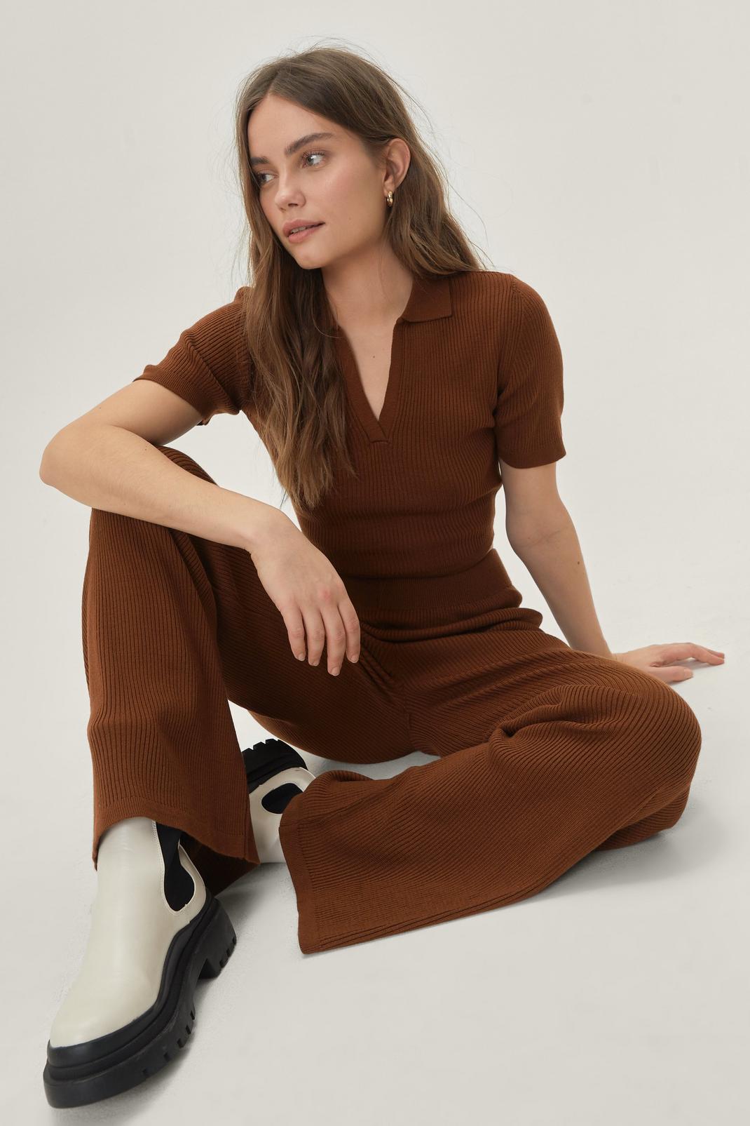 Brown Knitted Rib Collar Detail Top And Trouser Set image number 1