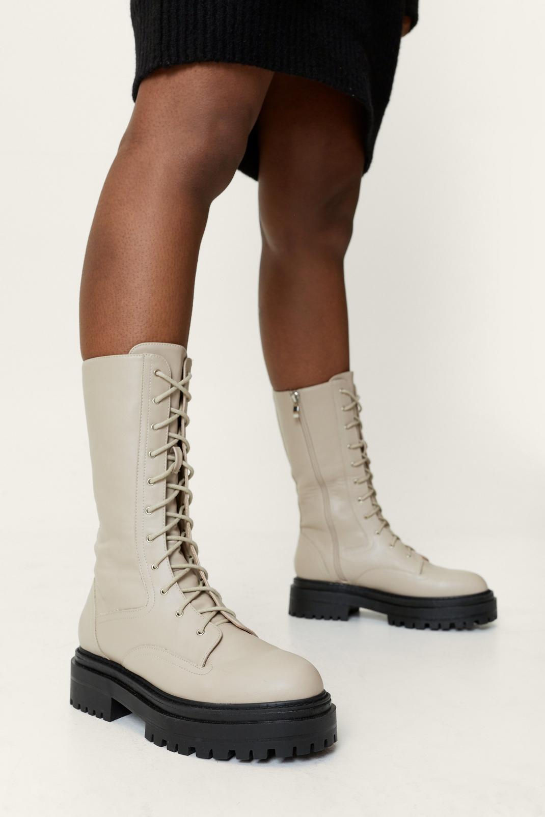 Cream Lace Up Chunky Sole Hiker Boots image number 1