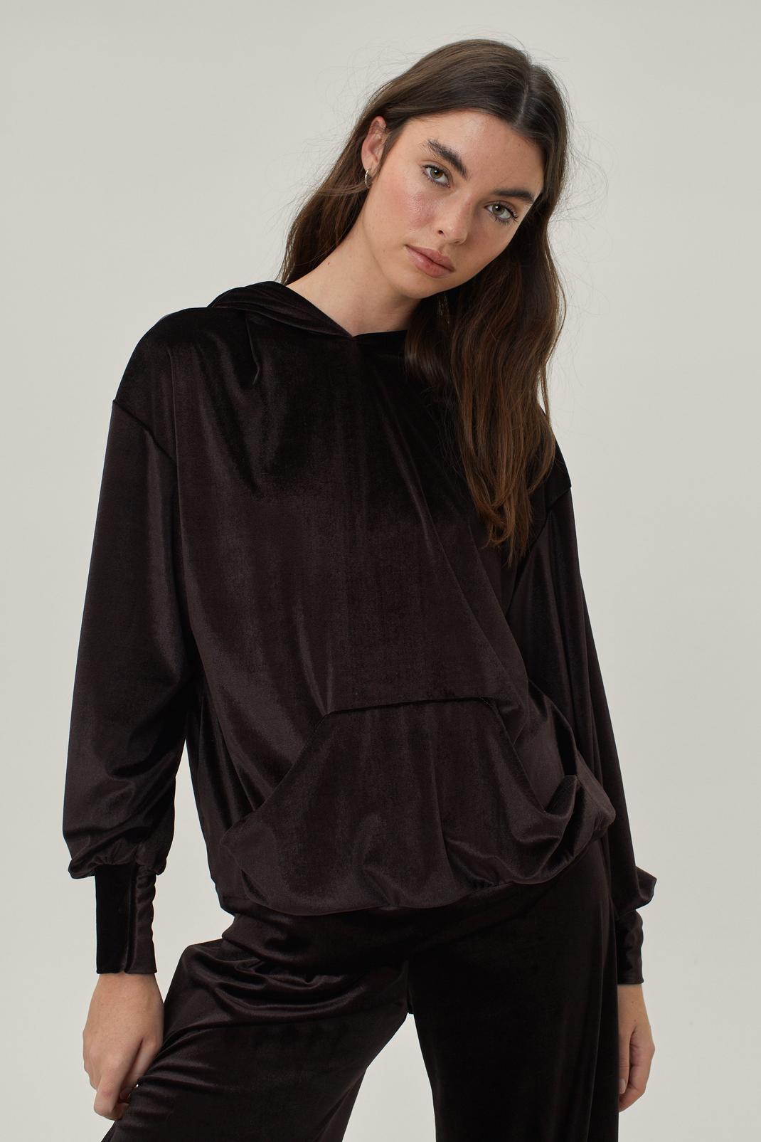 Chocolate Velour Hoodie With Pocket image number 1