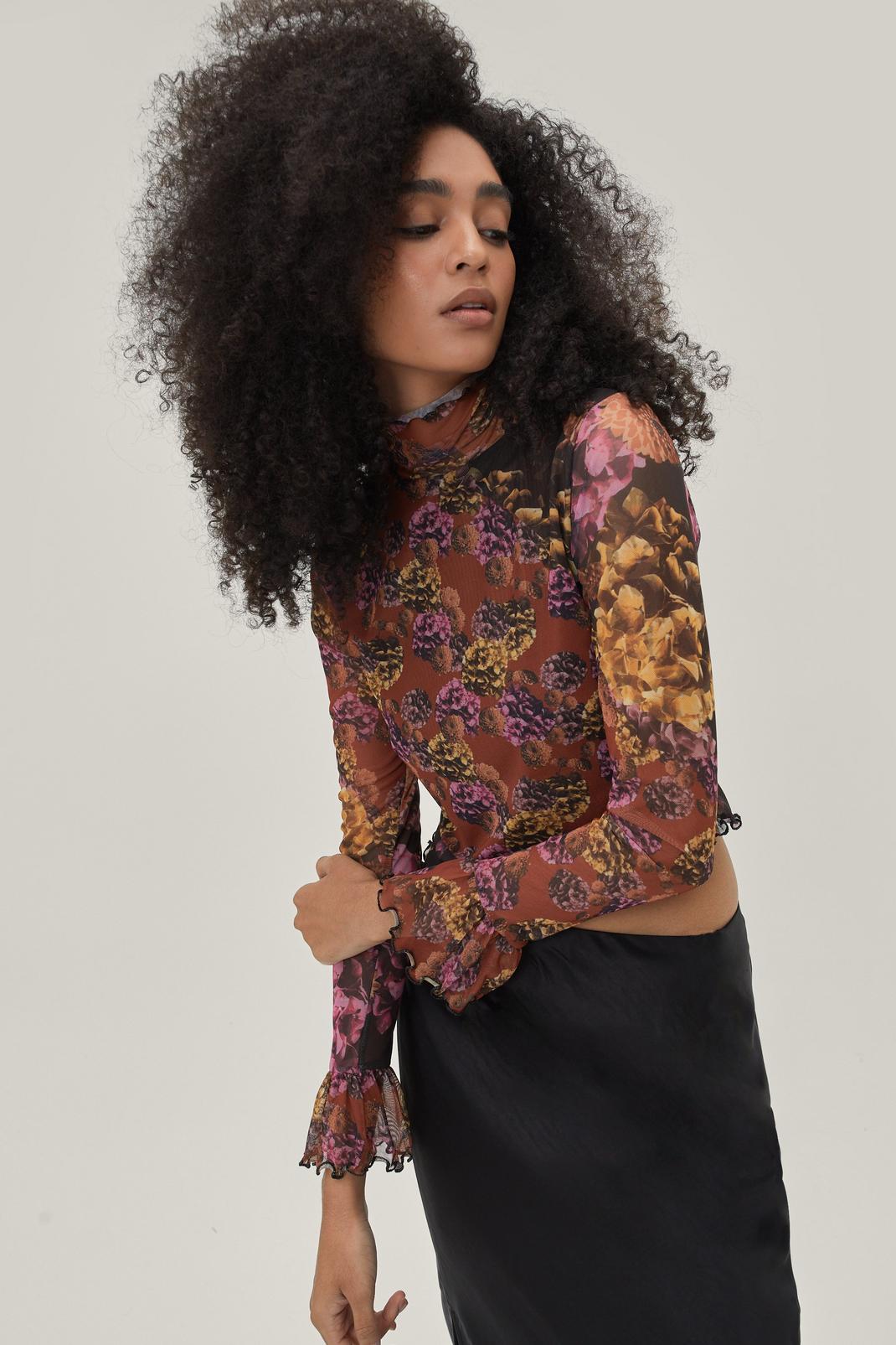 Chocolate Floral Mesh Funnel Neck Fluted Sleeve Top image number 1