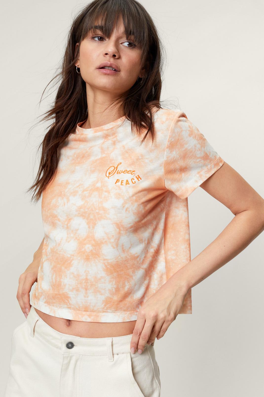 Orange Embroidered Detail Tie Dye Cropped T-Shirt image number 1