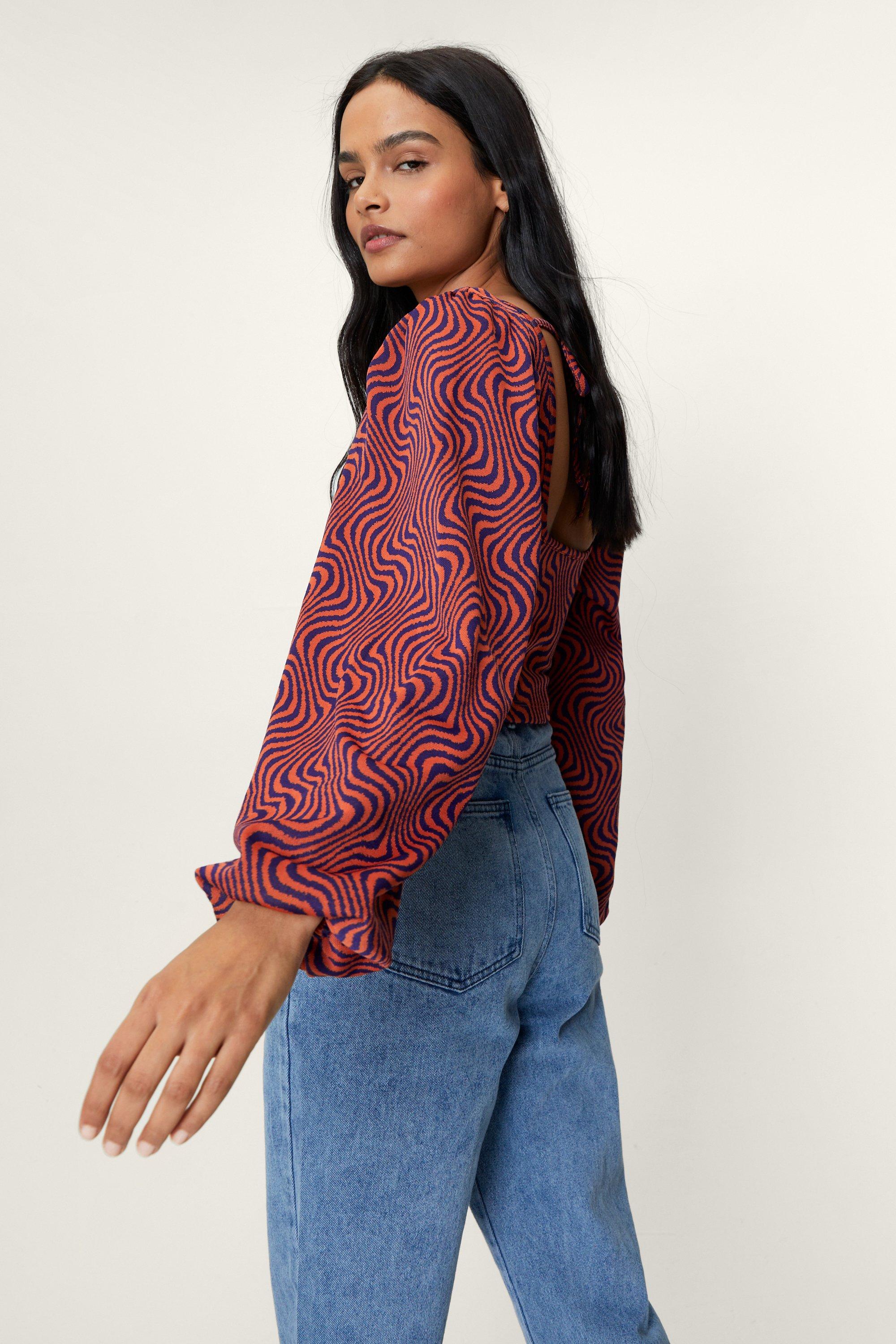 Puff Sleeves Abstract Printed Crop Top With Drawstring, DSTOP-SS22-155