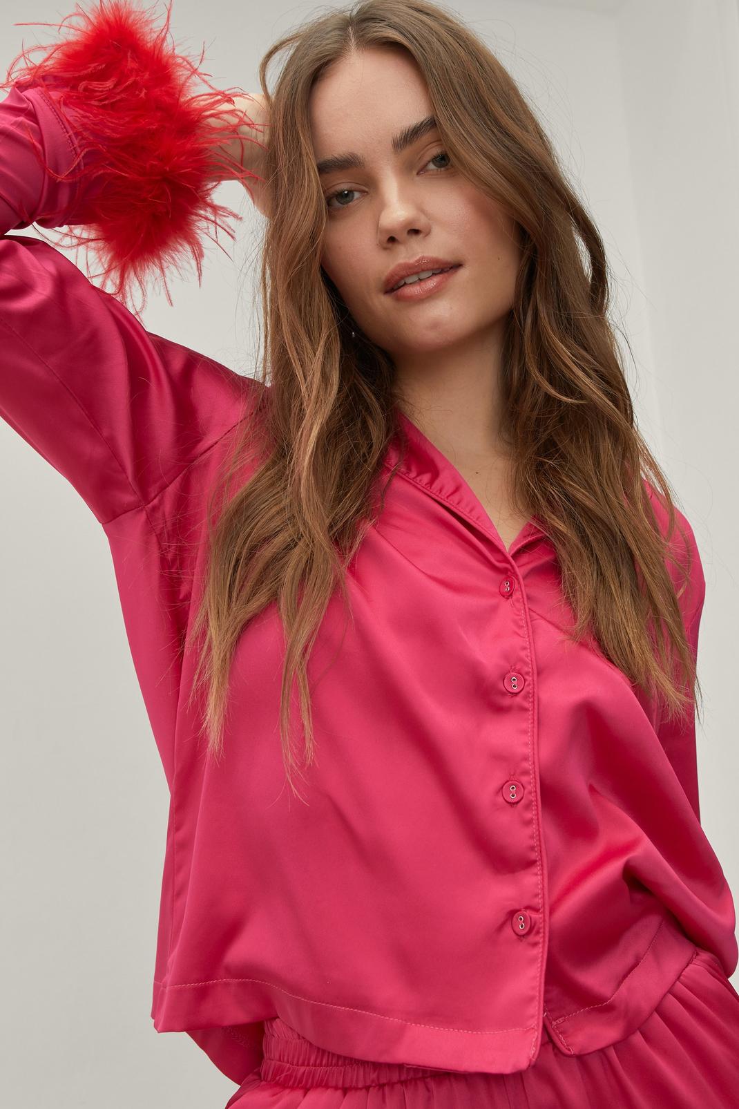 155 Satin Feather Cuff Pyjama Shirt and Trousers Set image number 2