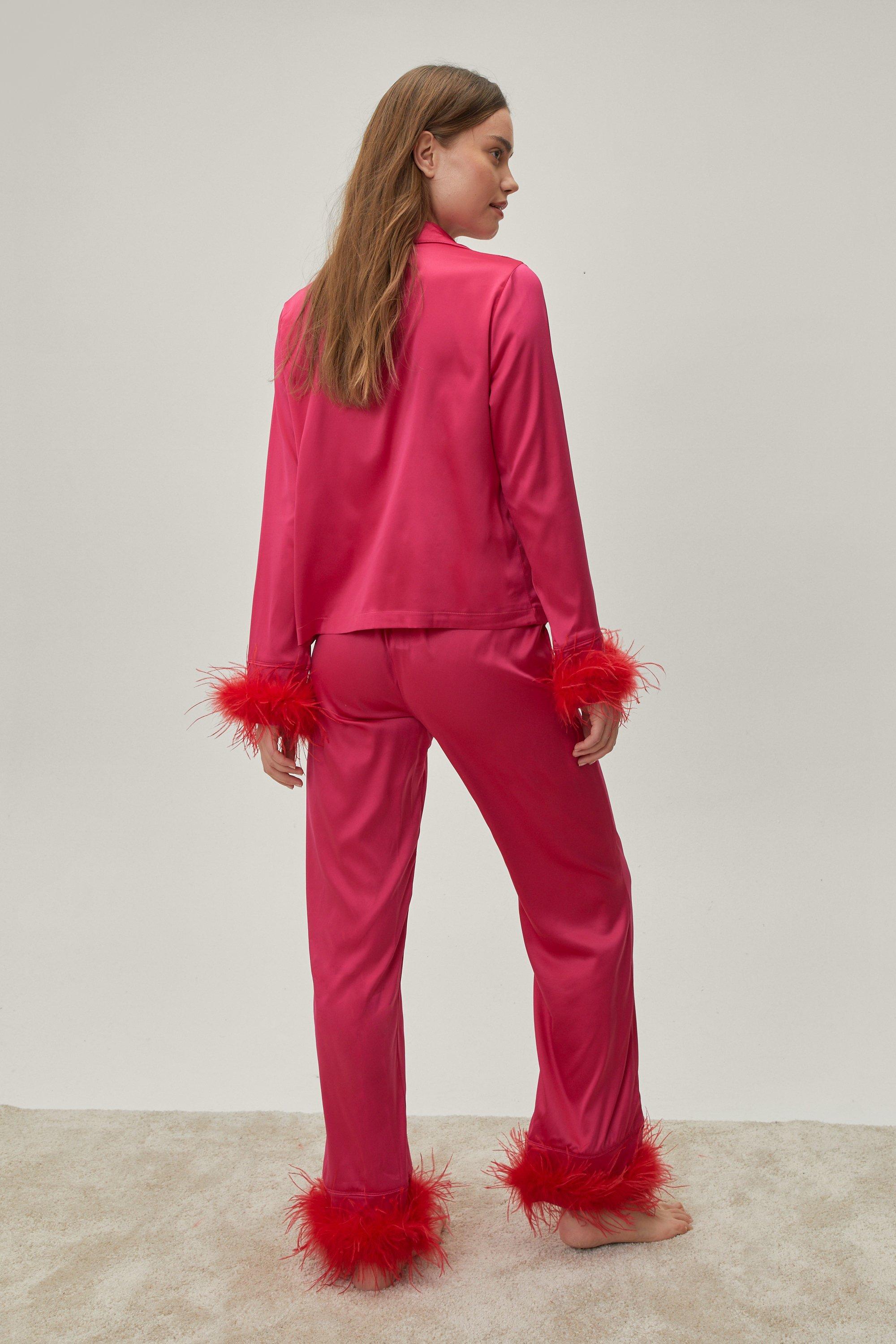 Satin Feather Cuff Pajama Shirt and Pants Set