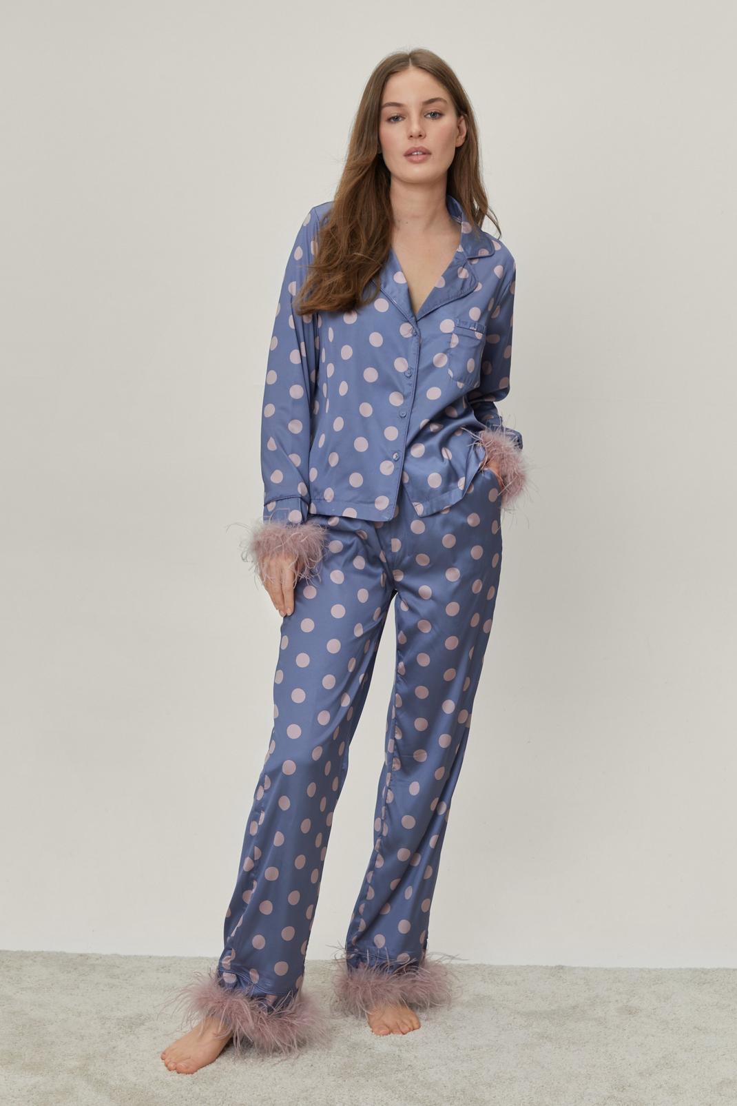 Polka Dot Feather Trim Pajama Pants Set image number 1