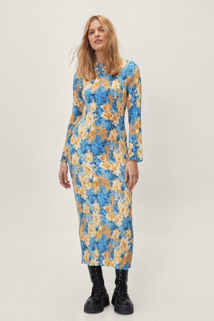 Textured Floral Print Plisse Midi Dress