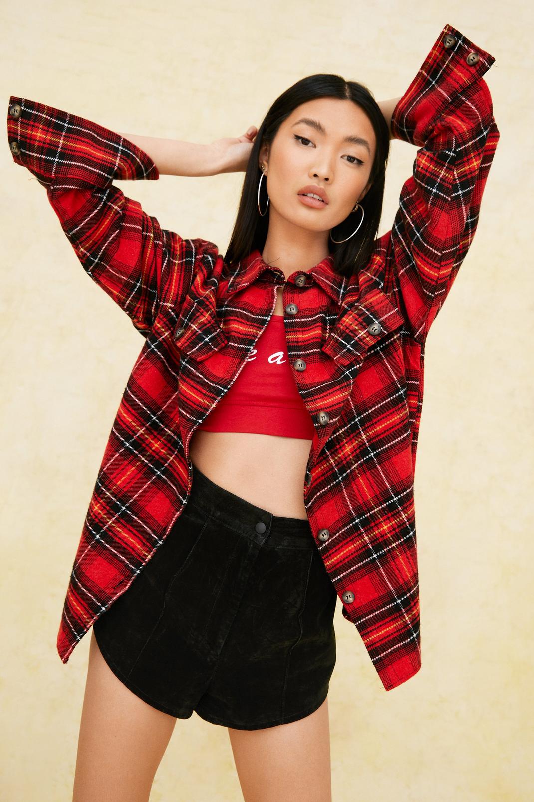 Red Oversized Long Sleeve Check Shirt image number 1