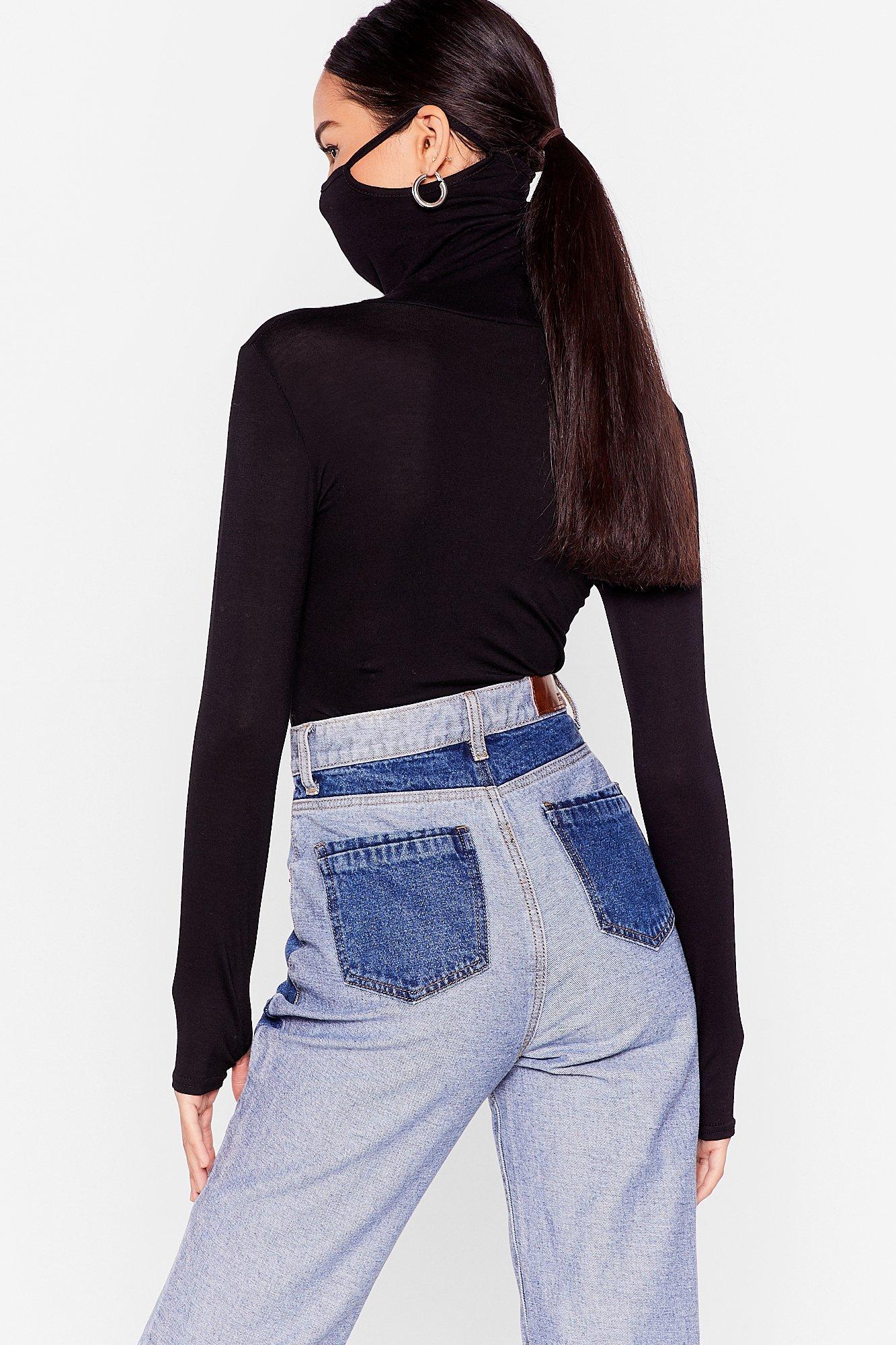 Mask Turtleneck Solid Bodysuit, SHEIN