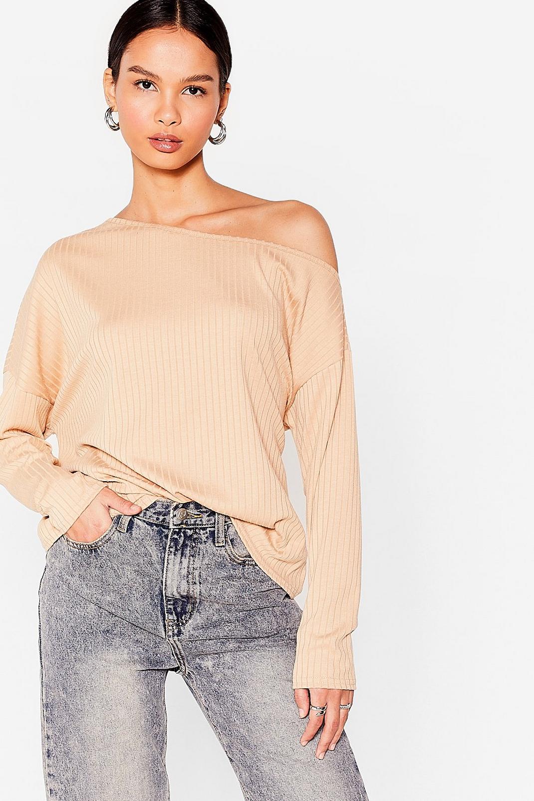 Stone Ribbed Off the Shoulder Long Sleeve Top image number 1
