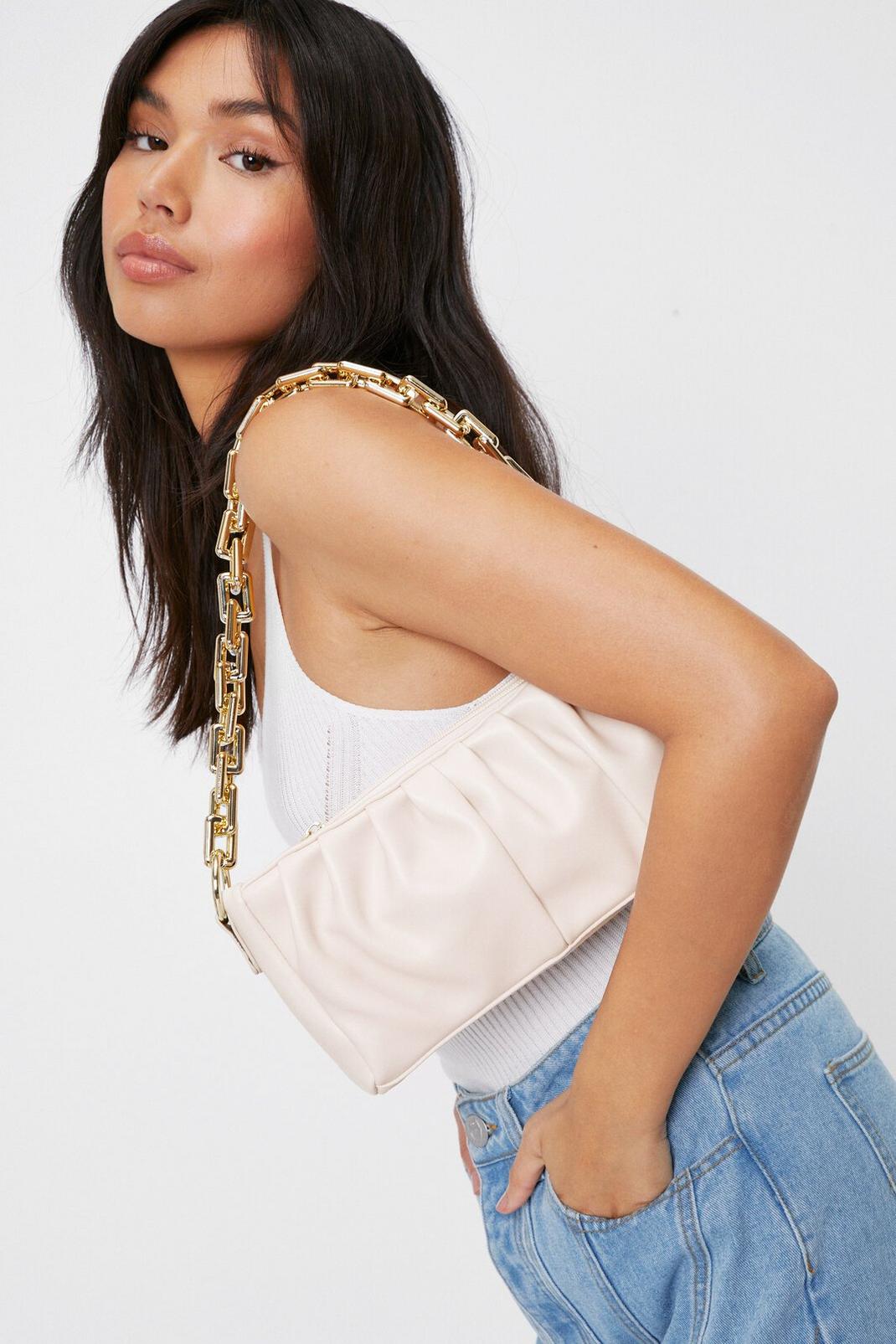 Beige Slouchy Faux Leather Chain Shoulder Bag image number 1
