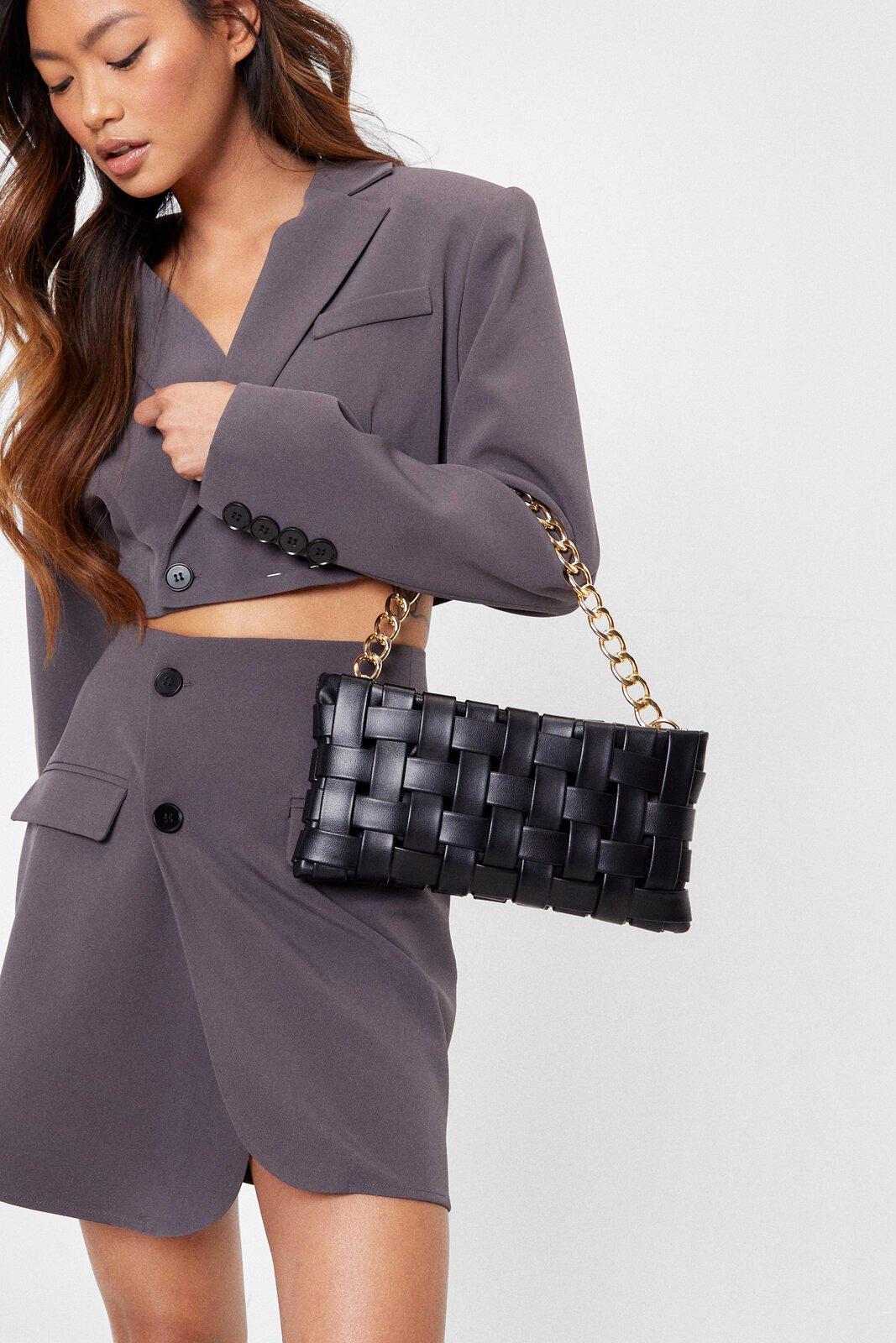 Woven Faux Leather Chain Strap Bag