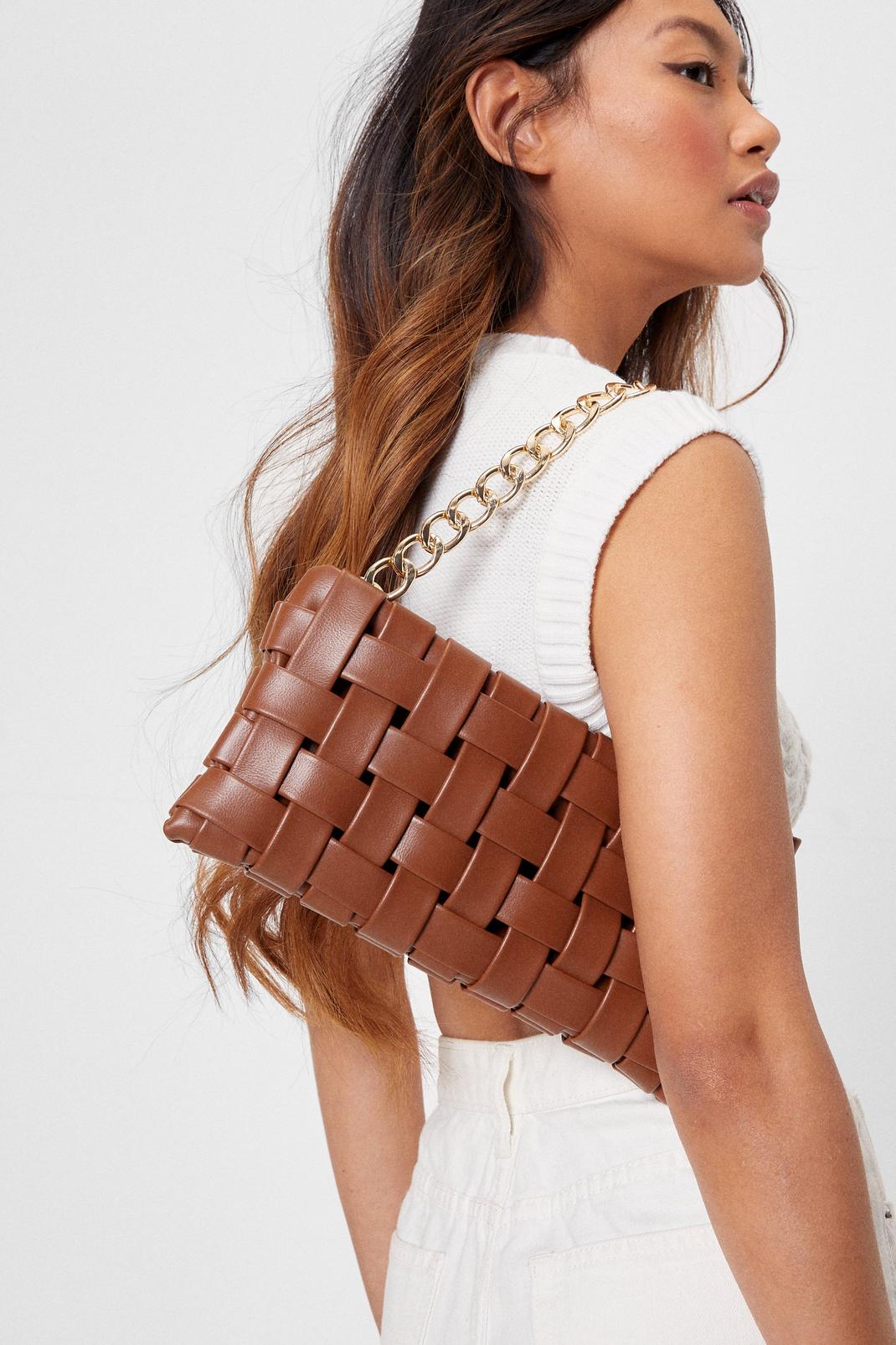 Tan Woven Faux Leather Chain Shoulder Bag image number 1