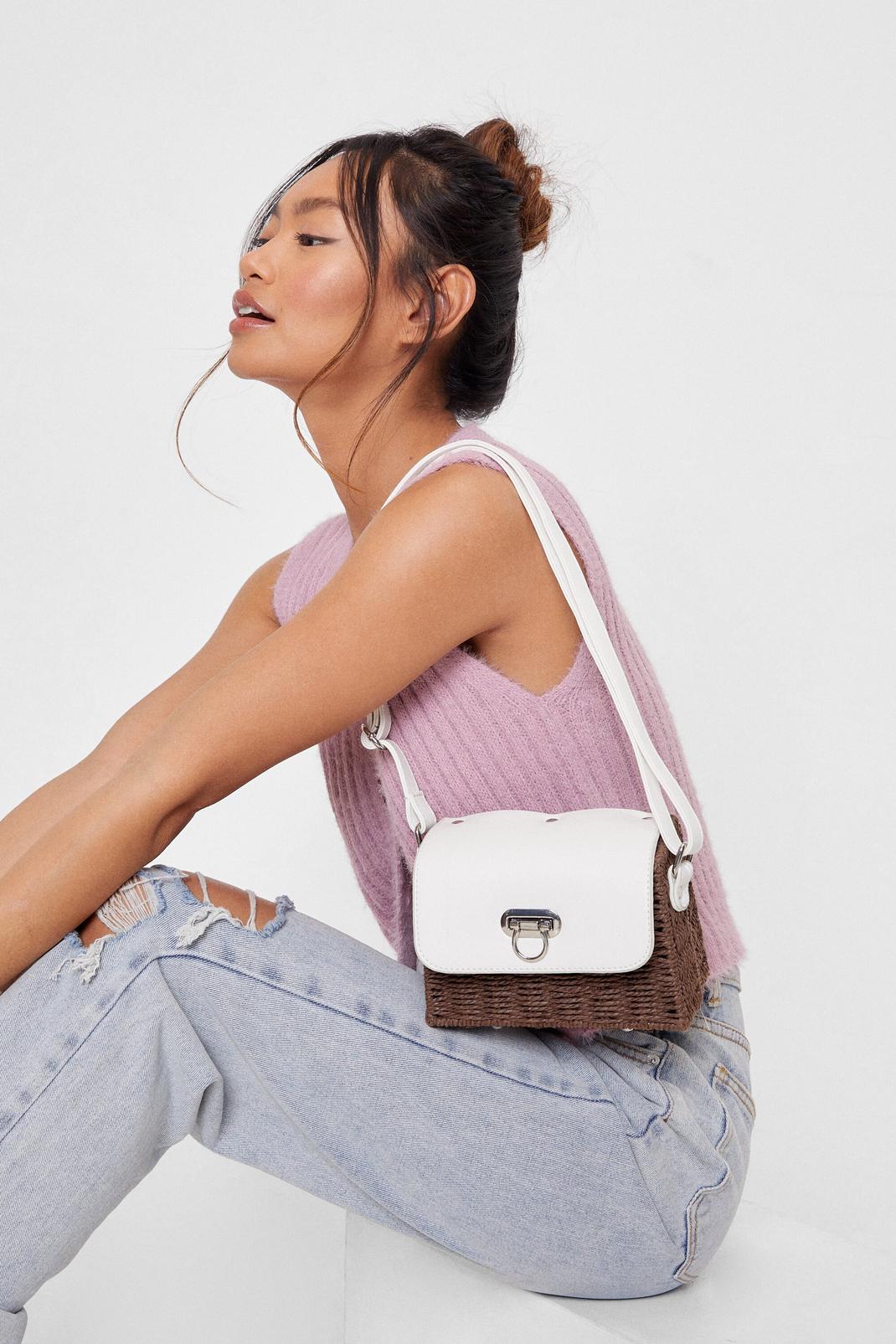 White Faux Leather Woven Crossbody Bag image number 1