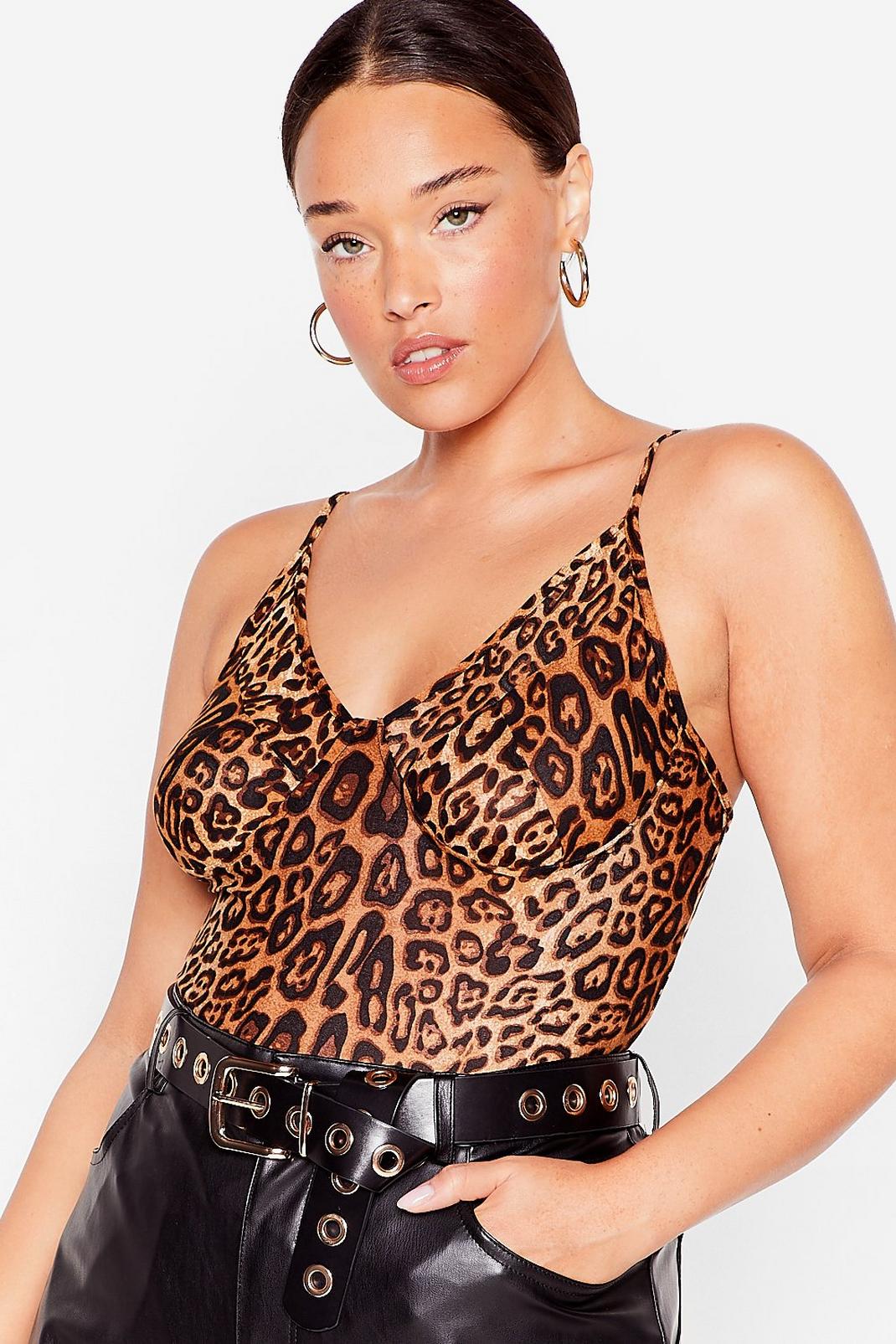 Brown Plus Size Leopard Cut Out Bodysuit image number 1