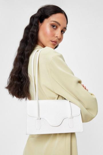 White Faux Leather Croc Structured Shoulder Bag