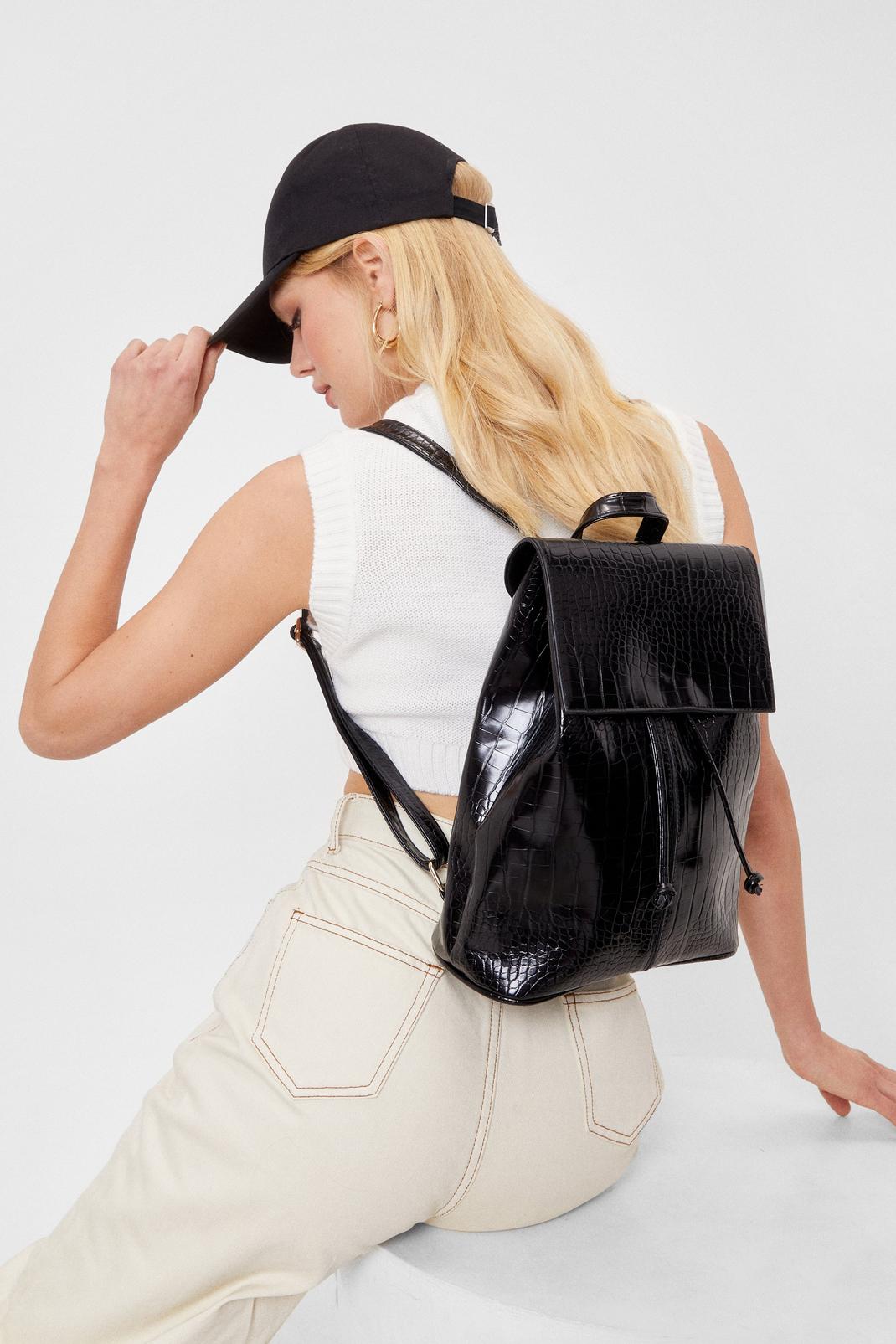 Black Croc Patent Faux Leather Backpack image number 1