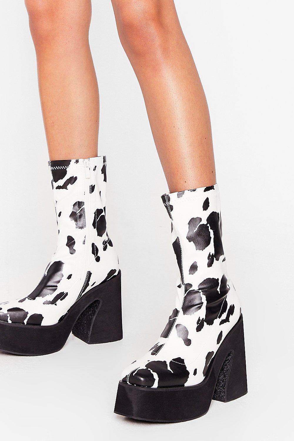 Cow Print Chunky Platform Sock Boots