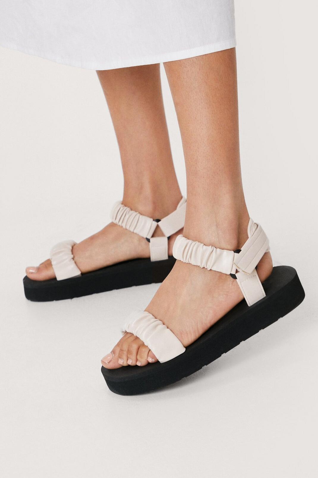 Cream Faux Leather Ruched Detail Platform Sandals image number 1