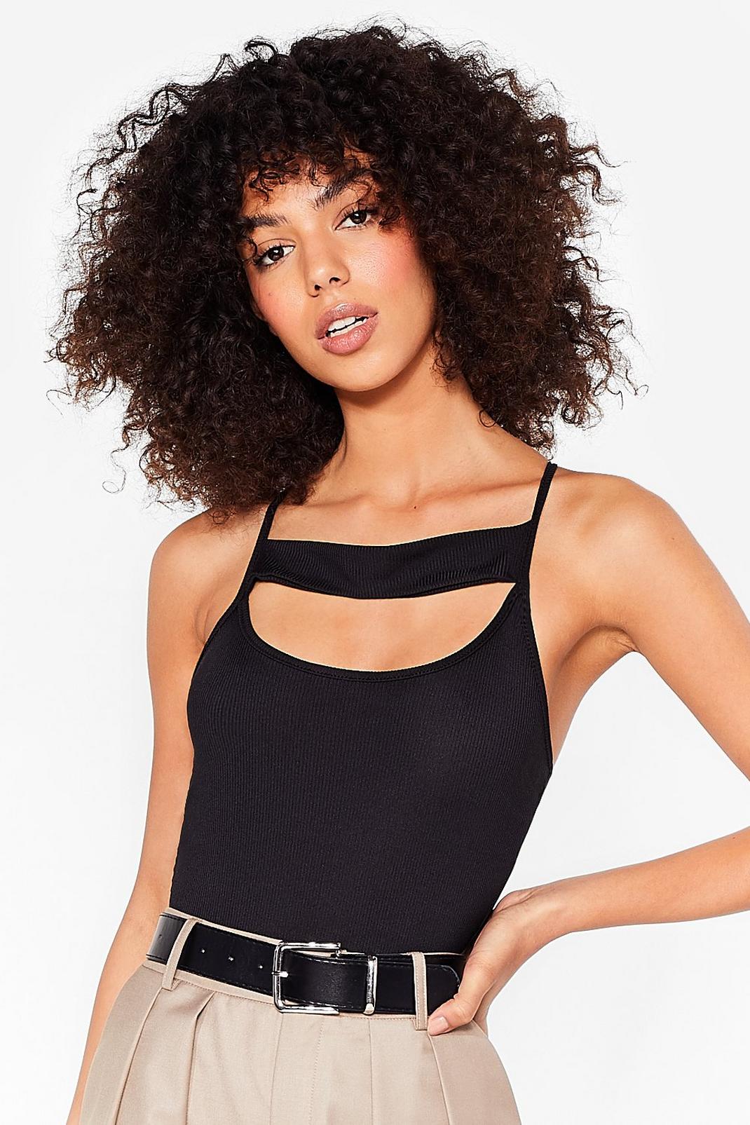 Black Ribbed Cut Out Strappy Bodysuit image number 1