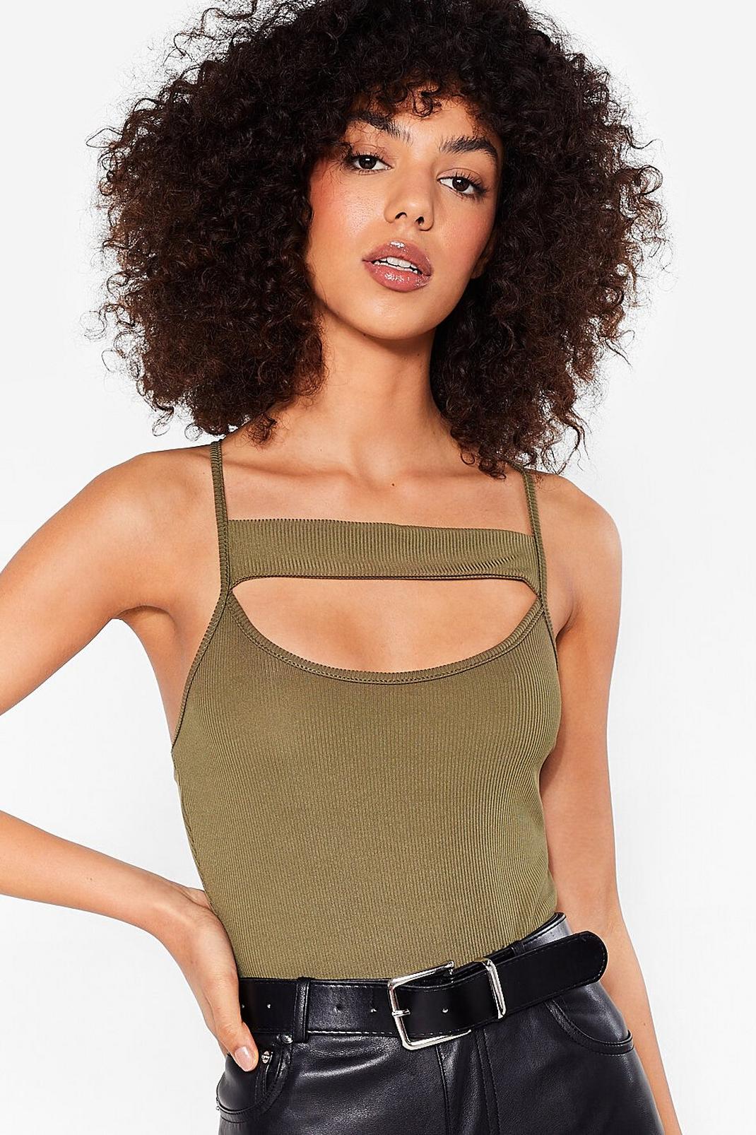 Khaki Ribbed Cut Out Strappy Bodysuit image number 1