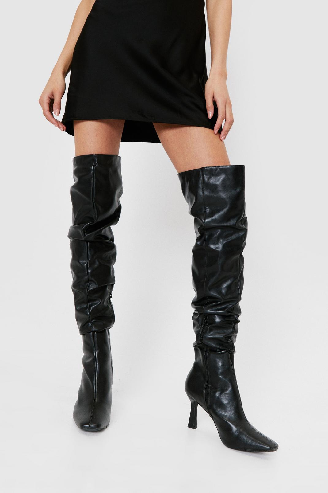 Black Thigh High Slouchy Stiletto Heel Boots image number 1