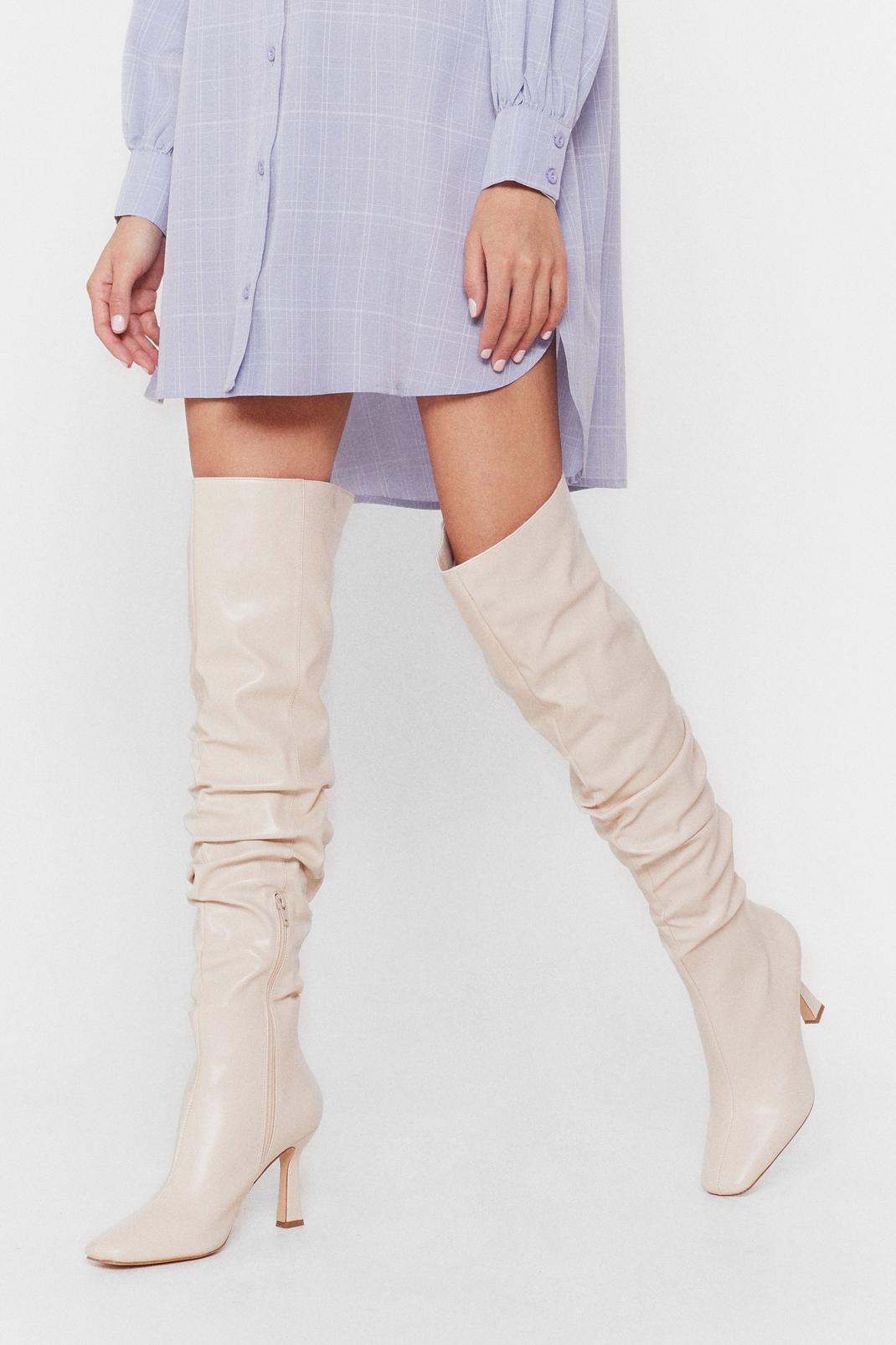 Cream Thigh High Slouchy Stiletto Heel Boots image number 1