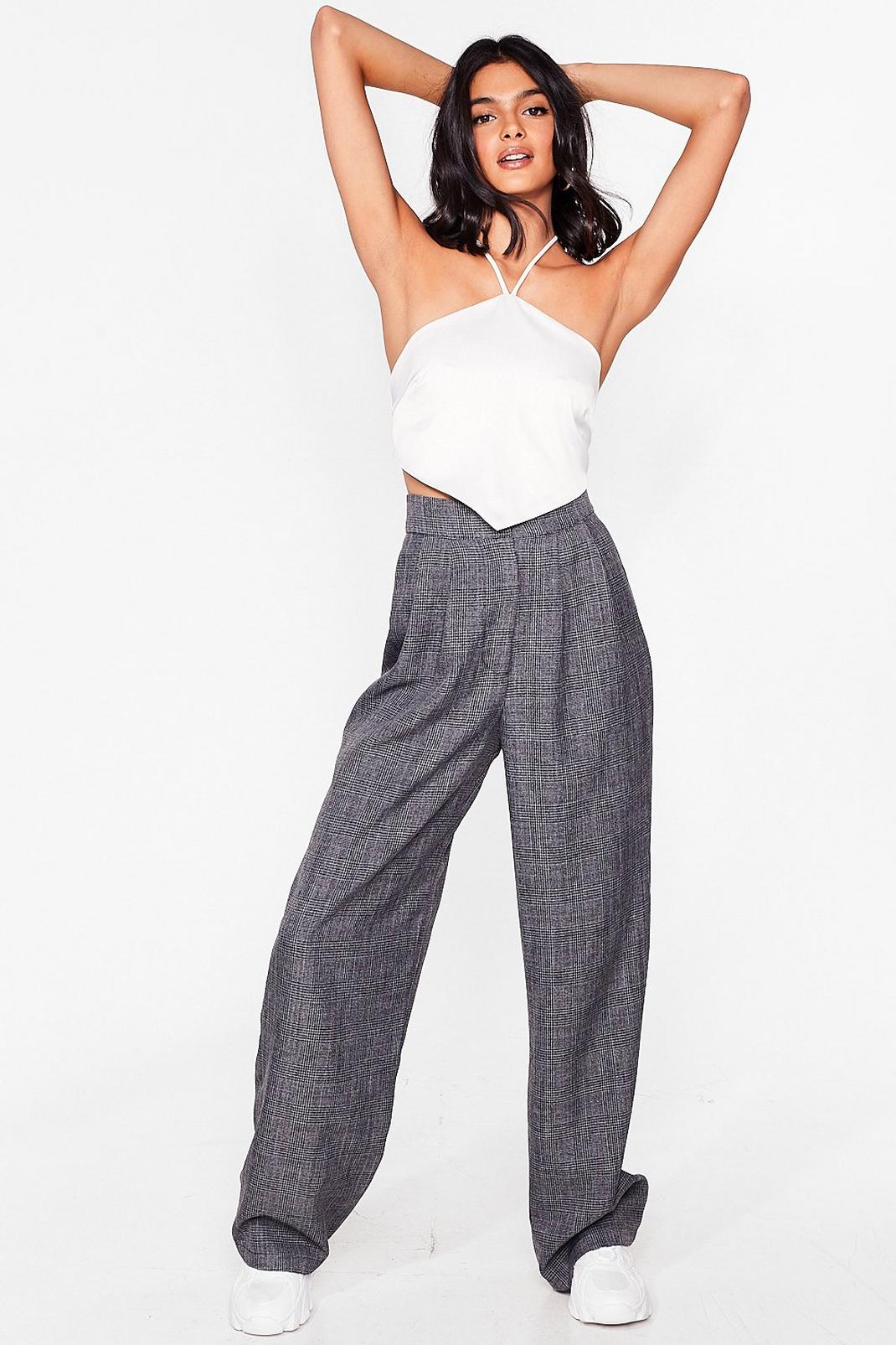Grey Loose Wide Leg Check Trousers image number 1