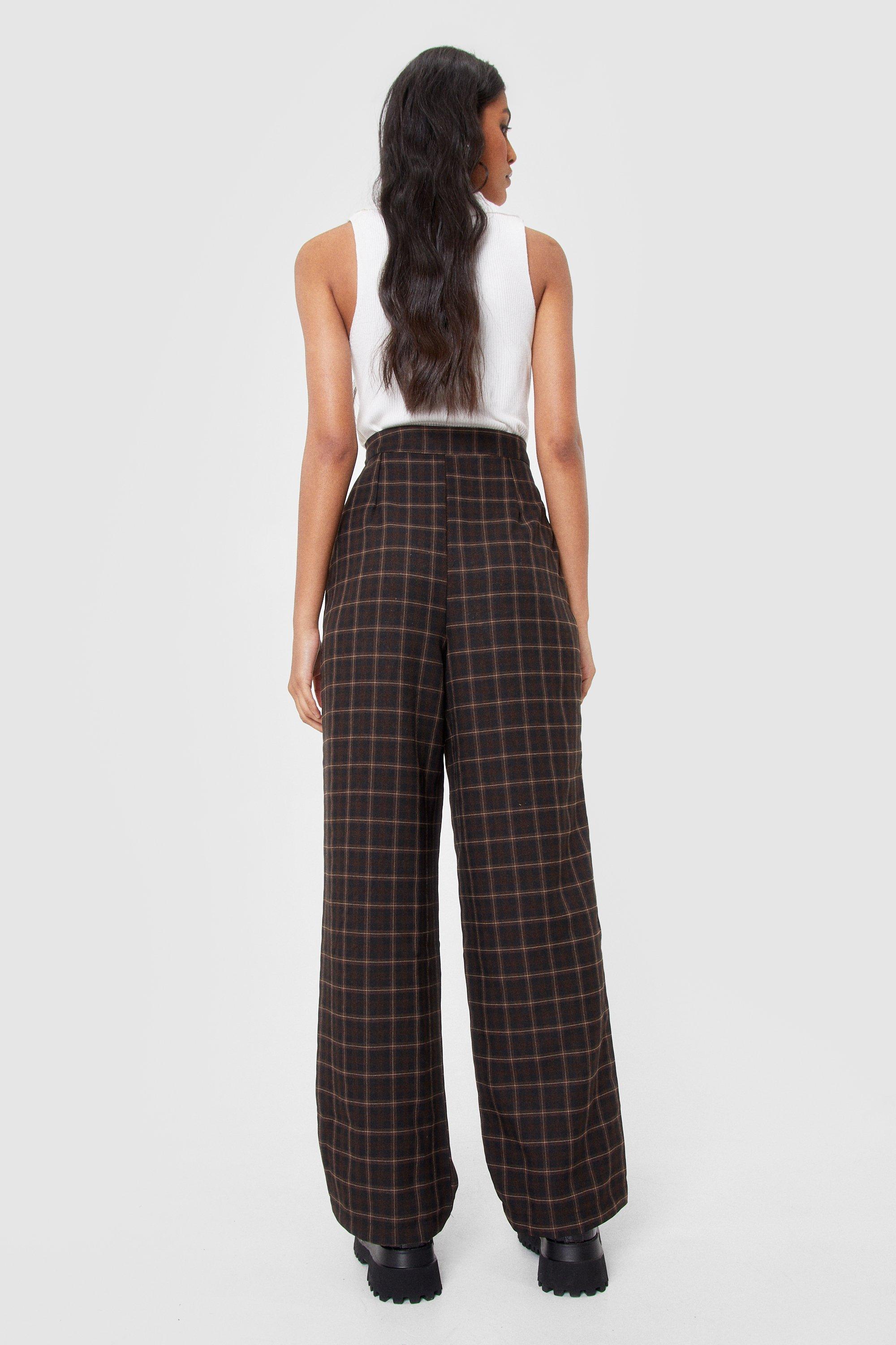 Grid Check Flat Front Viscose Blend Trousers