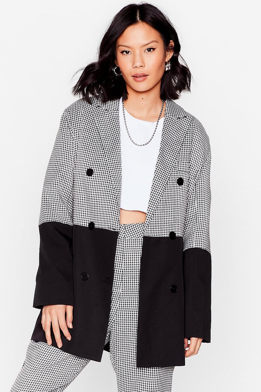 Black Colorblock Double Breasted Houndstooth Blazer image number 1