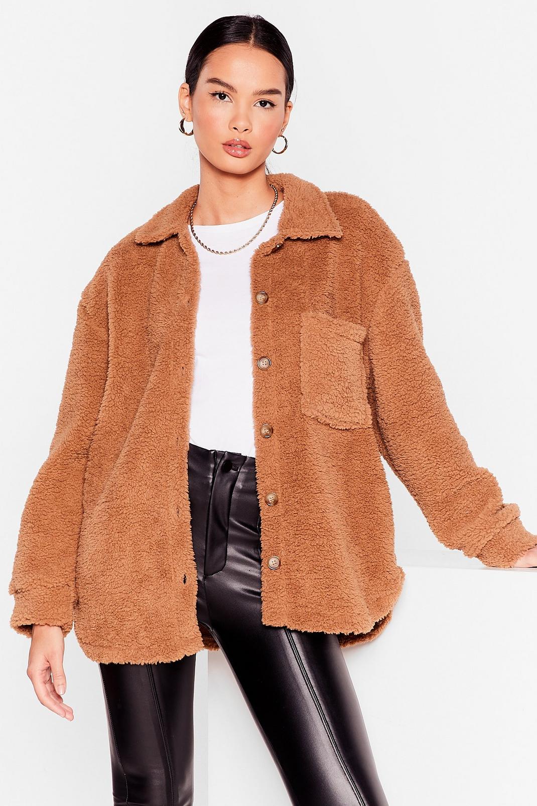 Camel Oversized Button Down Sherpa Jacket image number 1