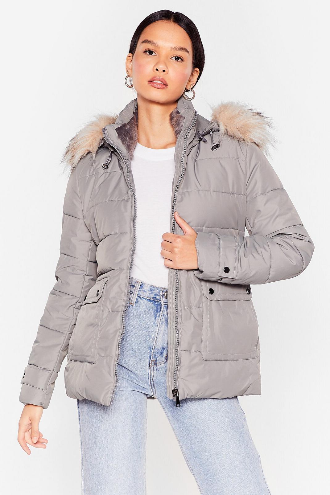 Grey Faux Fur Hooded Puffer Jacket image number 1