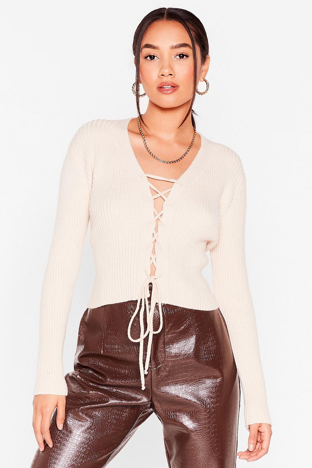 Cream Try Knit On Petite Lace-Up Sweater image number 1