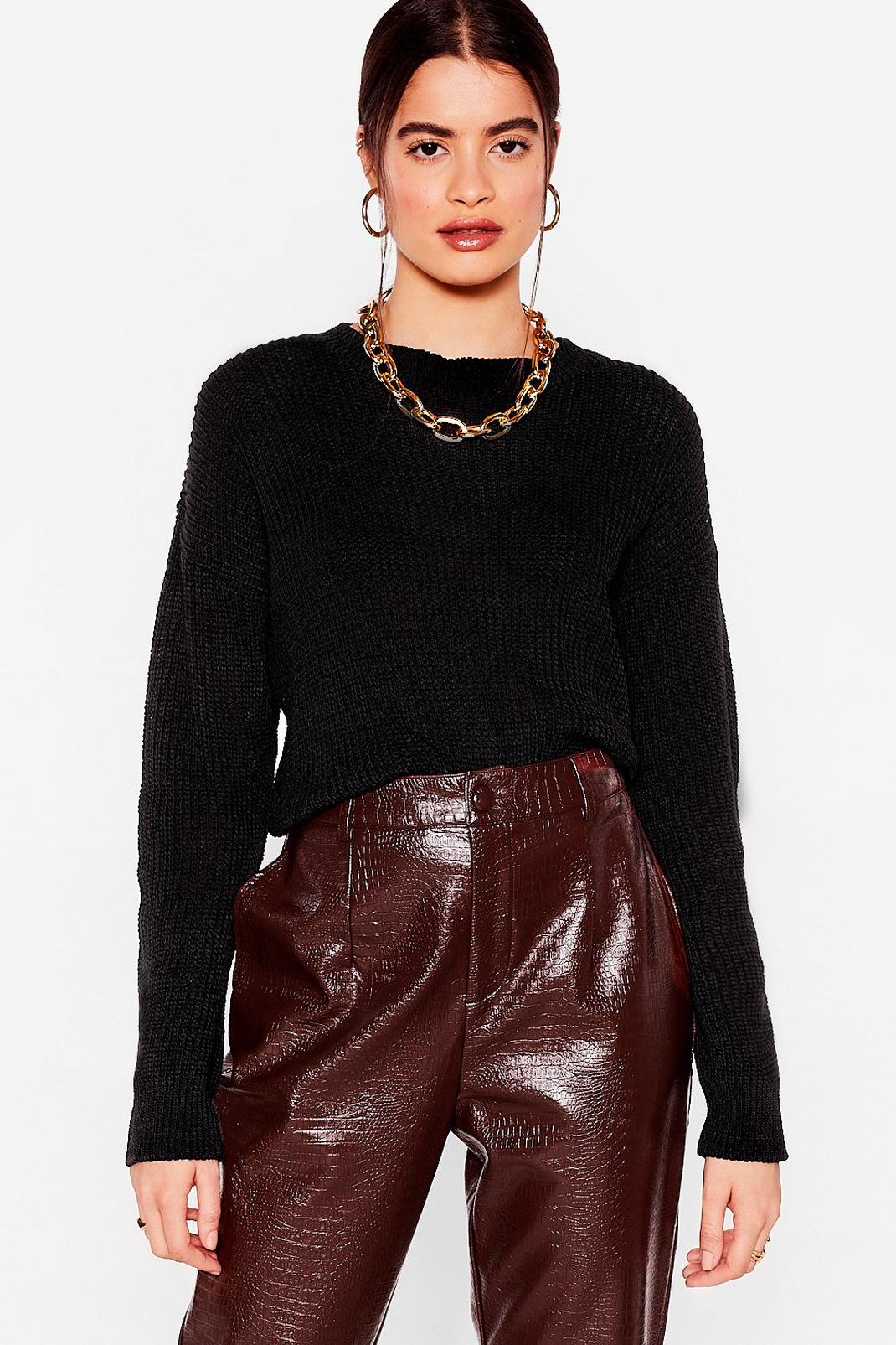 Black Chunky Knit Crew Neck Sweater image number 1