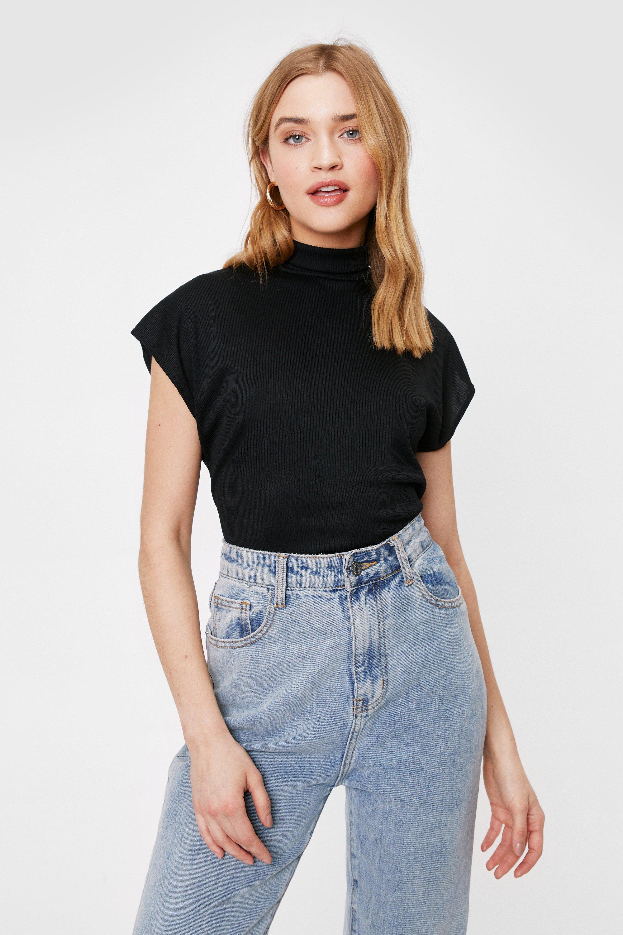 High neck discount shoulder pad top