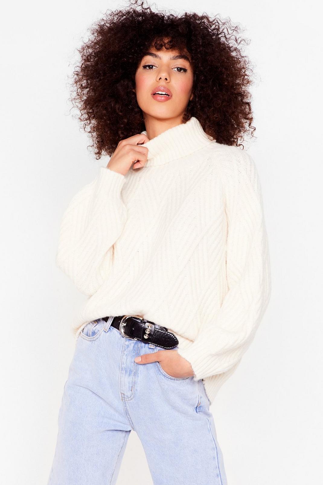 Cream Turtlneck Cable Knit Sweater image number 1