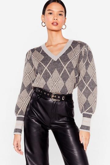 Grey Diamond Knit Puff Sleeve V Neck Sweater