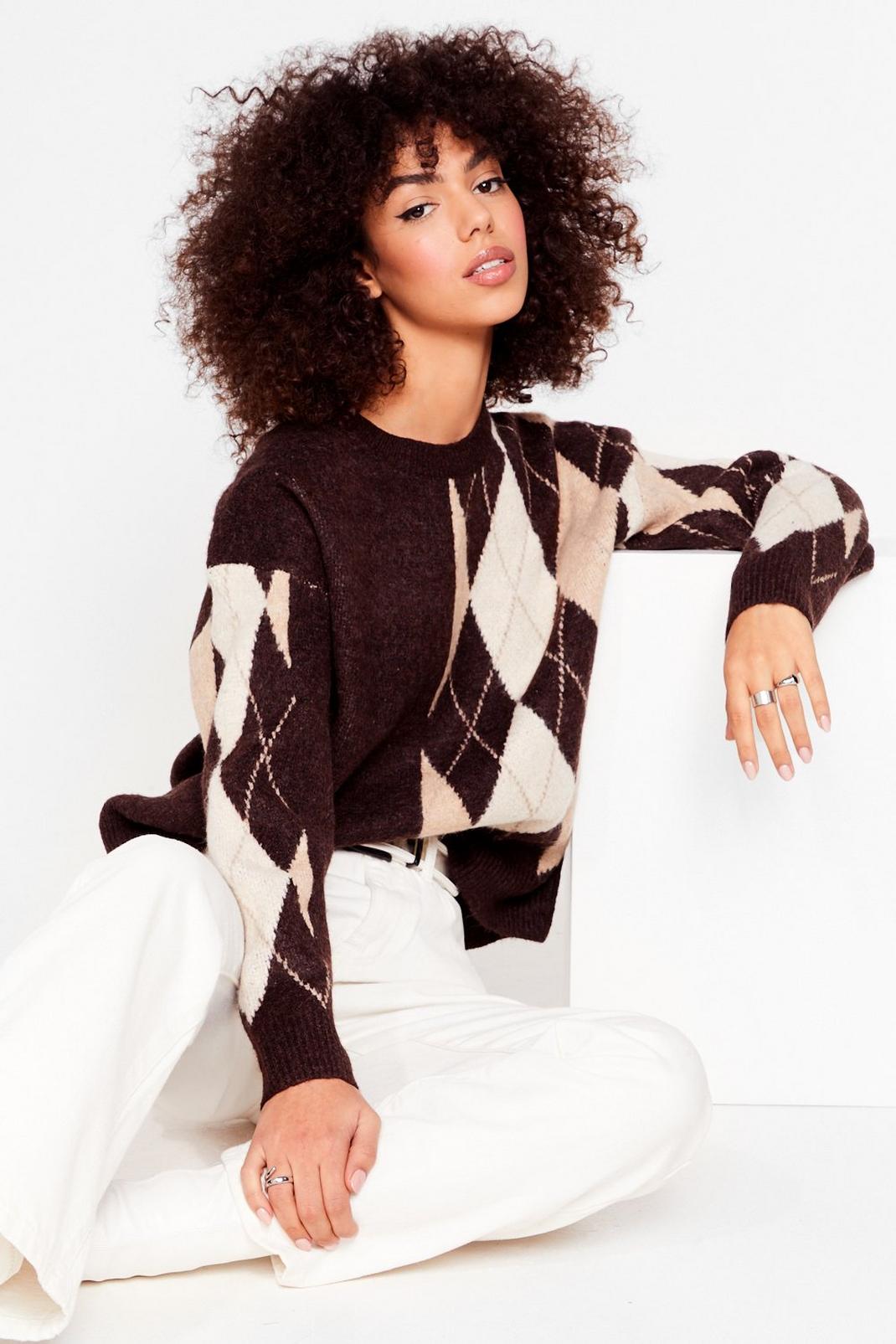 Brown Argyle Crew Neck Knit Sweater image number 1