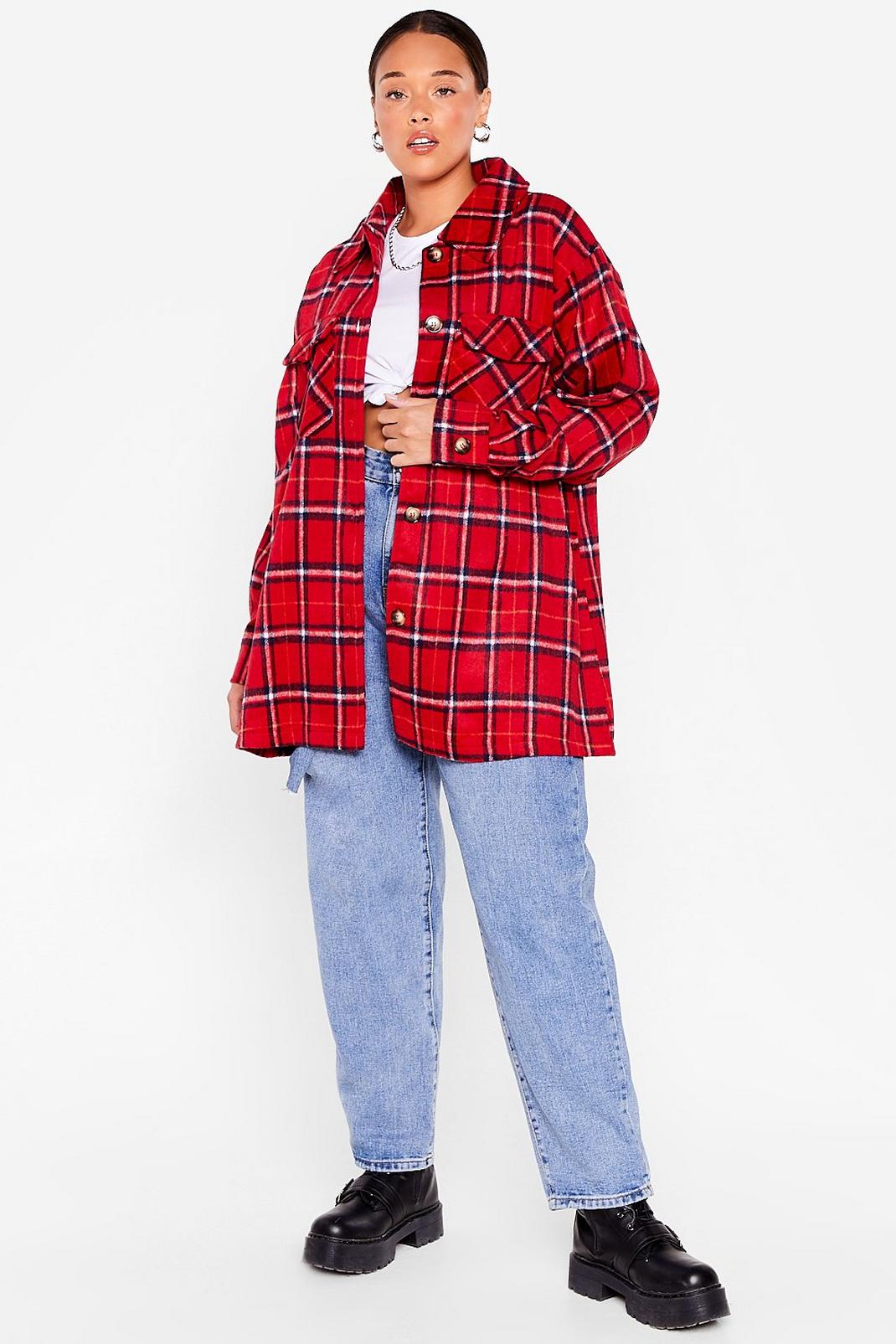 Red Plus Size Oversized Check Shacket image number 1