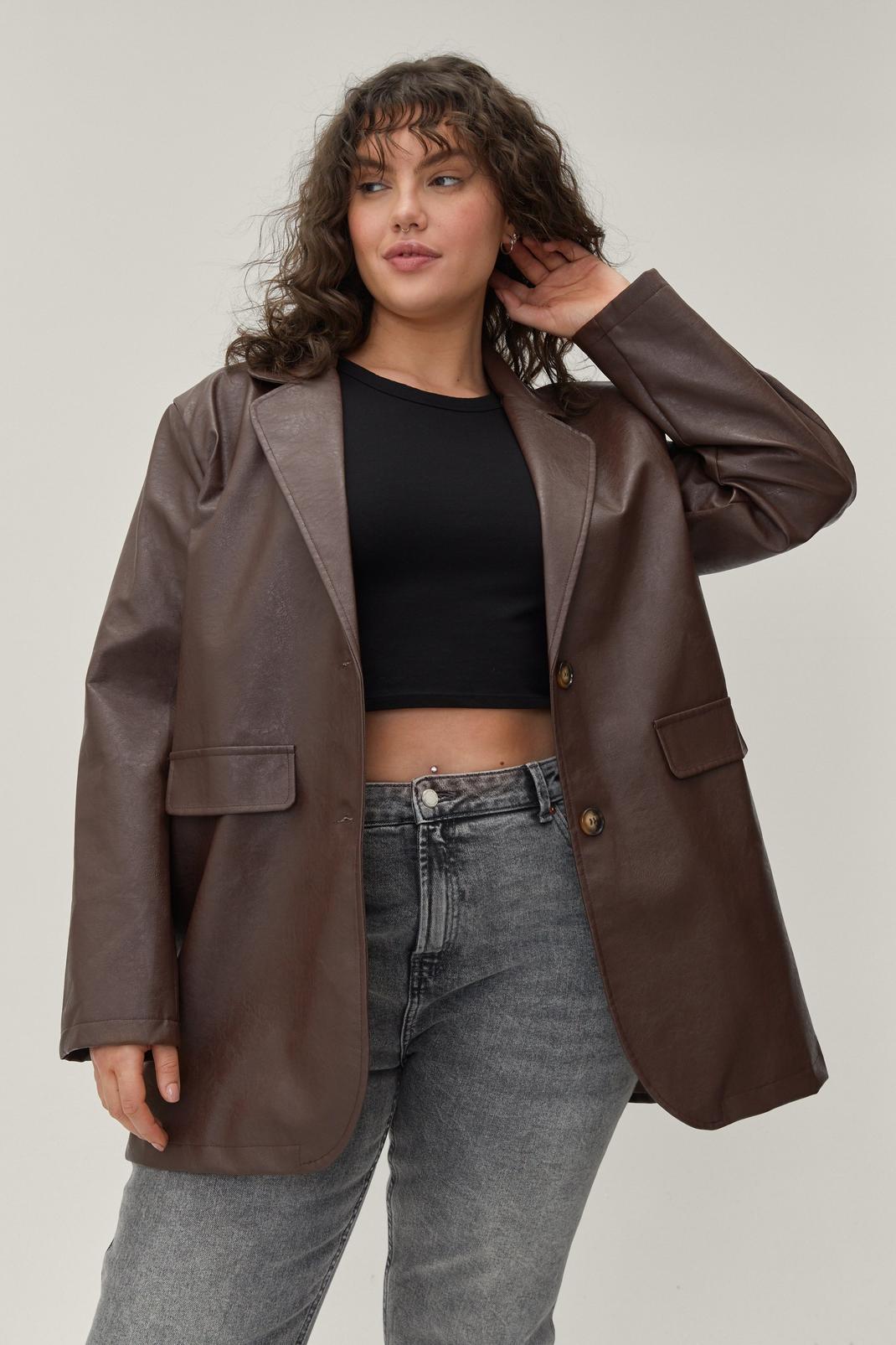 Chocolate Plus Size Faux Leather Blazer image number 1