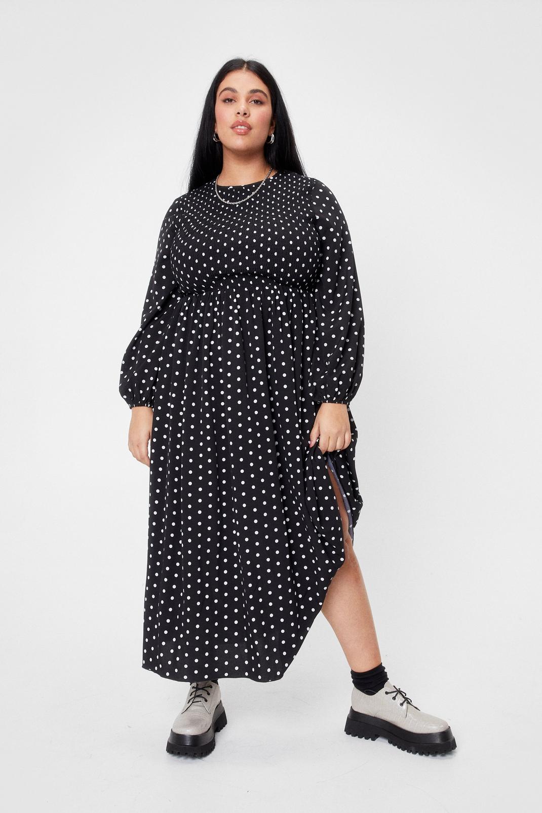 Black Plus Size Polka Dot Print Shirred Midi Dress image number 1
