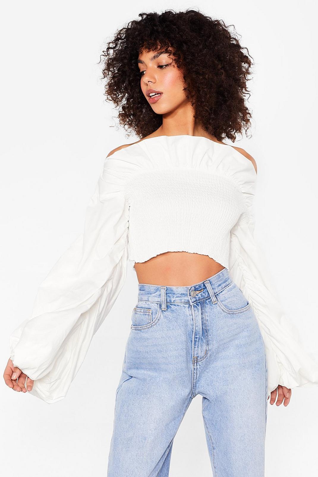 White I Shirred You Say Balloon Sleeve Crop Top image number 1