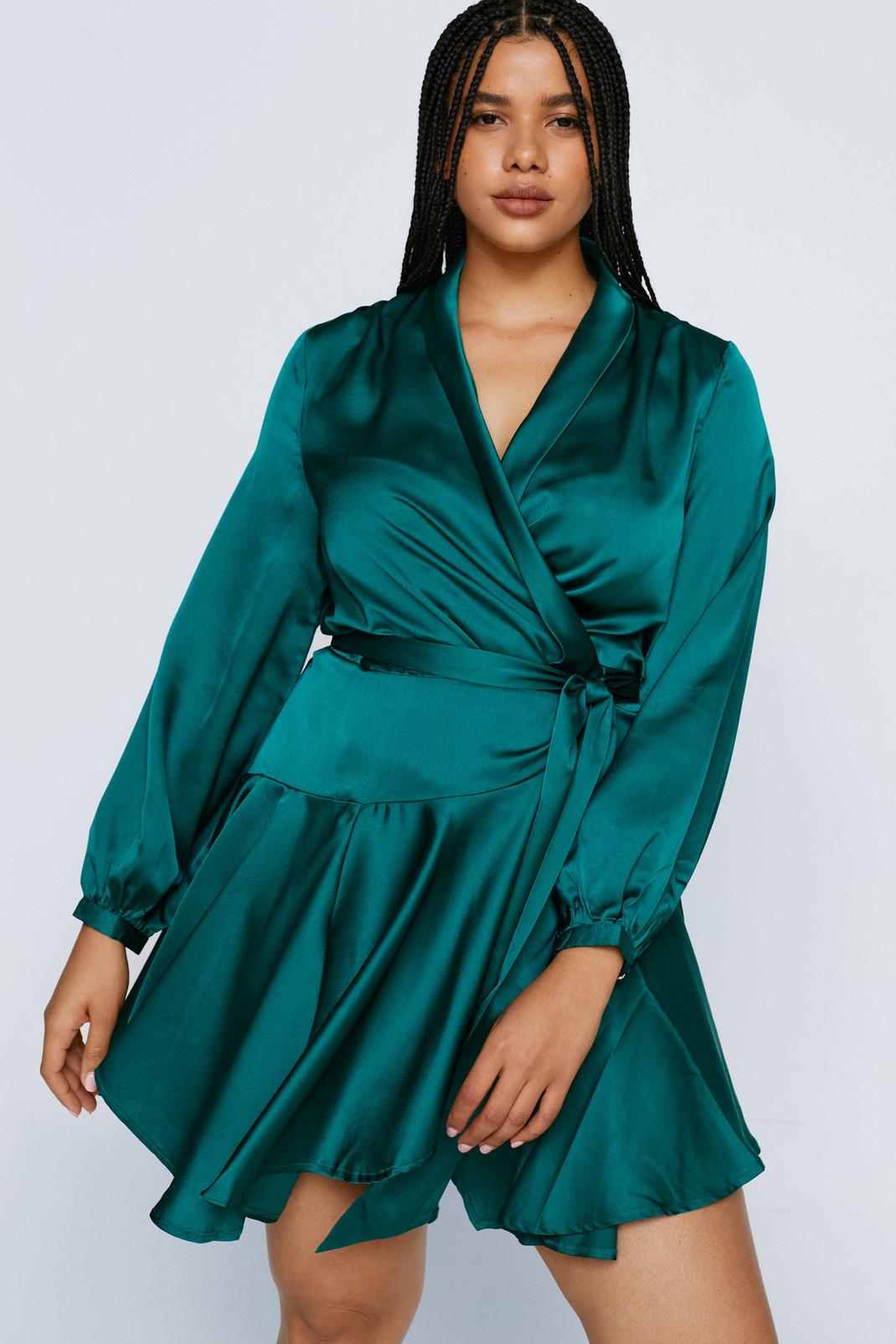 Green Plus Size Satin Wrap Mini Dress image number 1