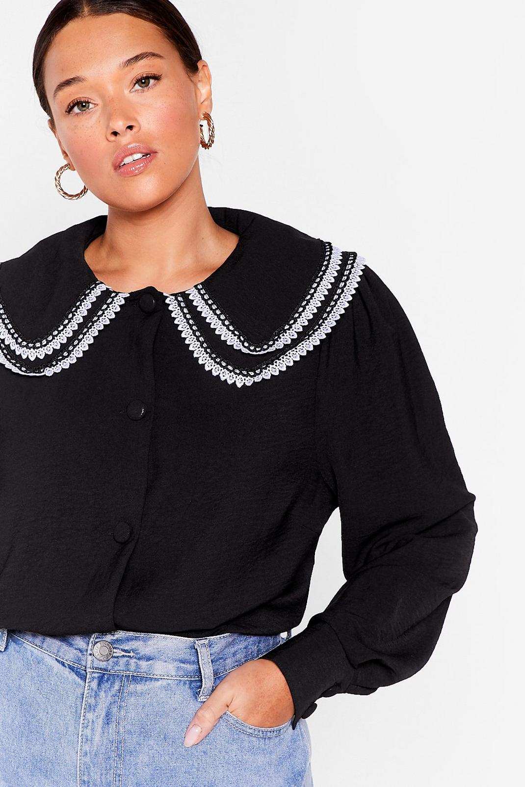 Black Collar Out Your Name Plus Broderie Anglaise Blouse image number 1