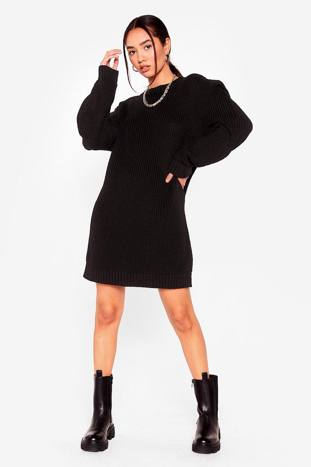Black Petite Baggy Shoulder Pad Sweater Dress image number 1