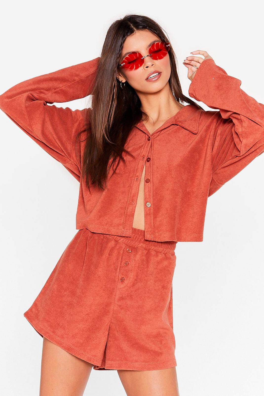 Rust Towelling Cropped Shirt and Shorts Cover-Up Set image number 1