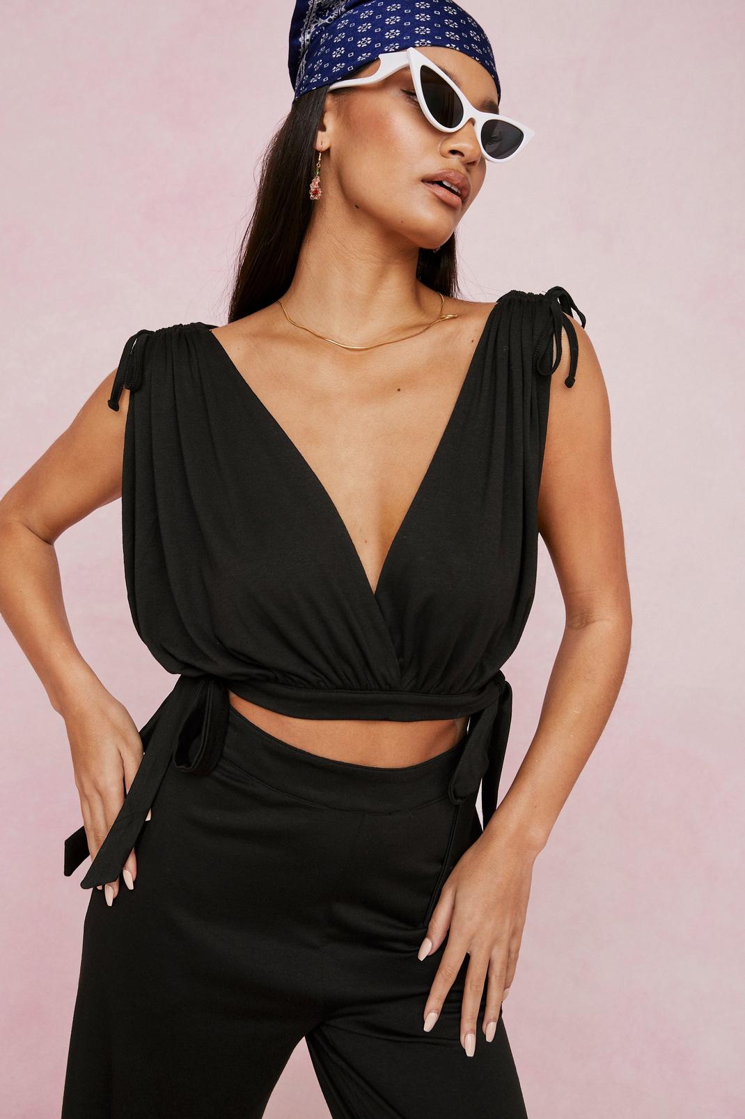Black Tie Crop Top and Beach Trousers Set image number 1
