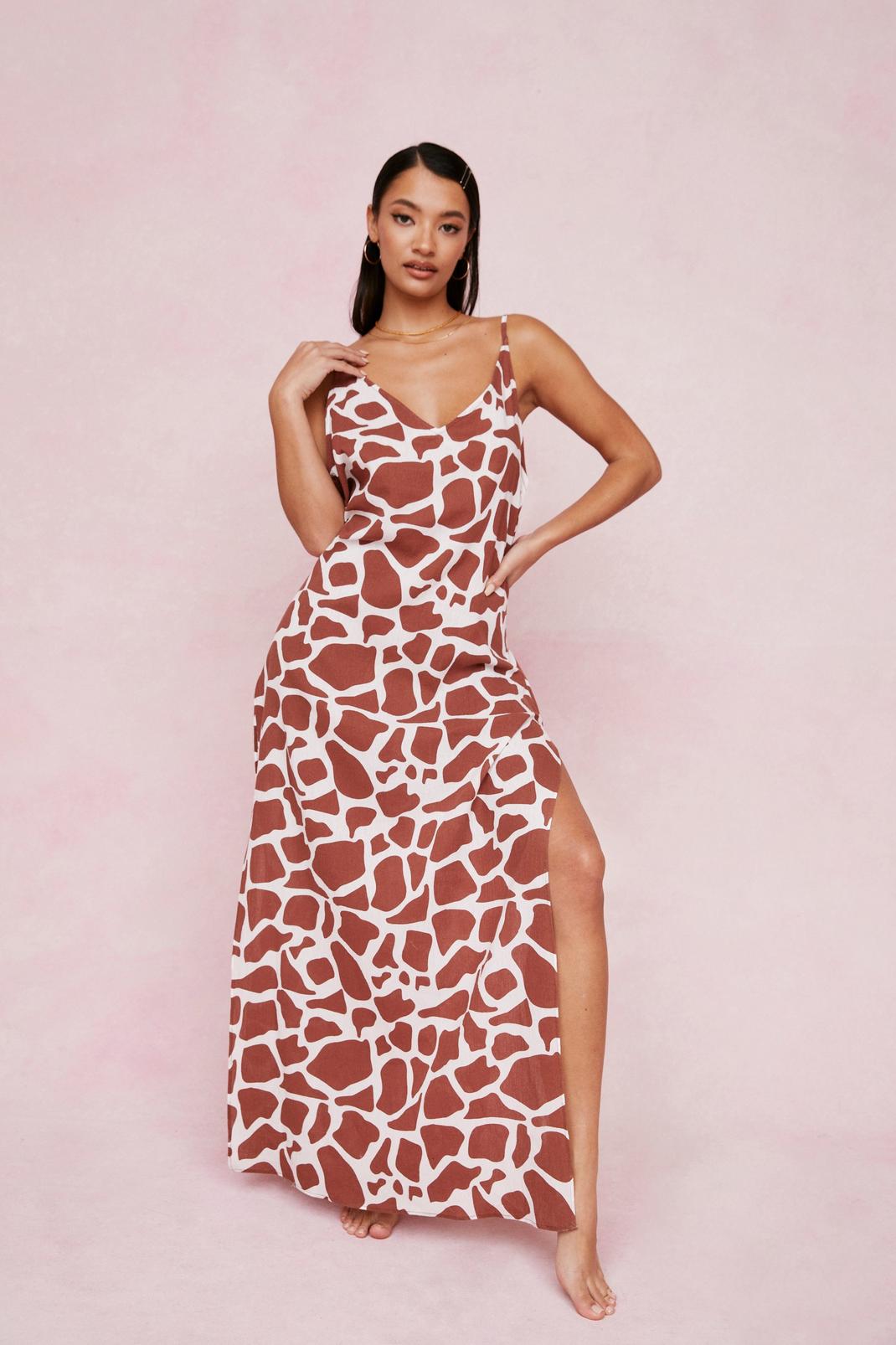 Brown Crinkle Giraffe Print Slit Maxi Cover Up Dress image number 1