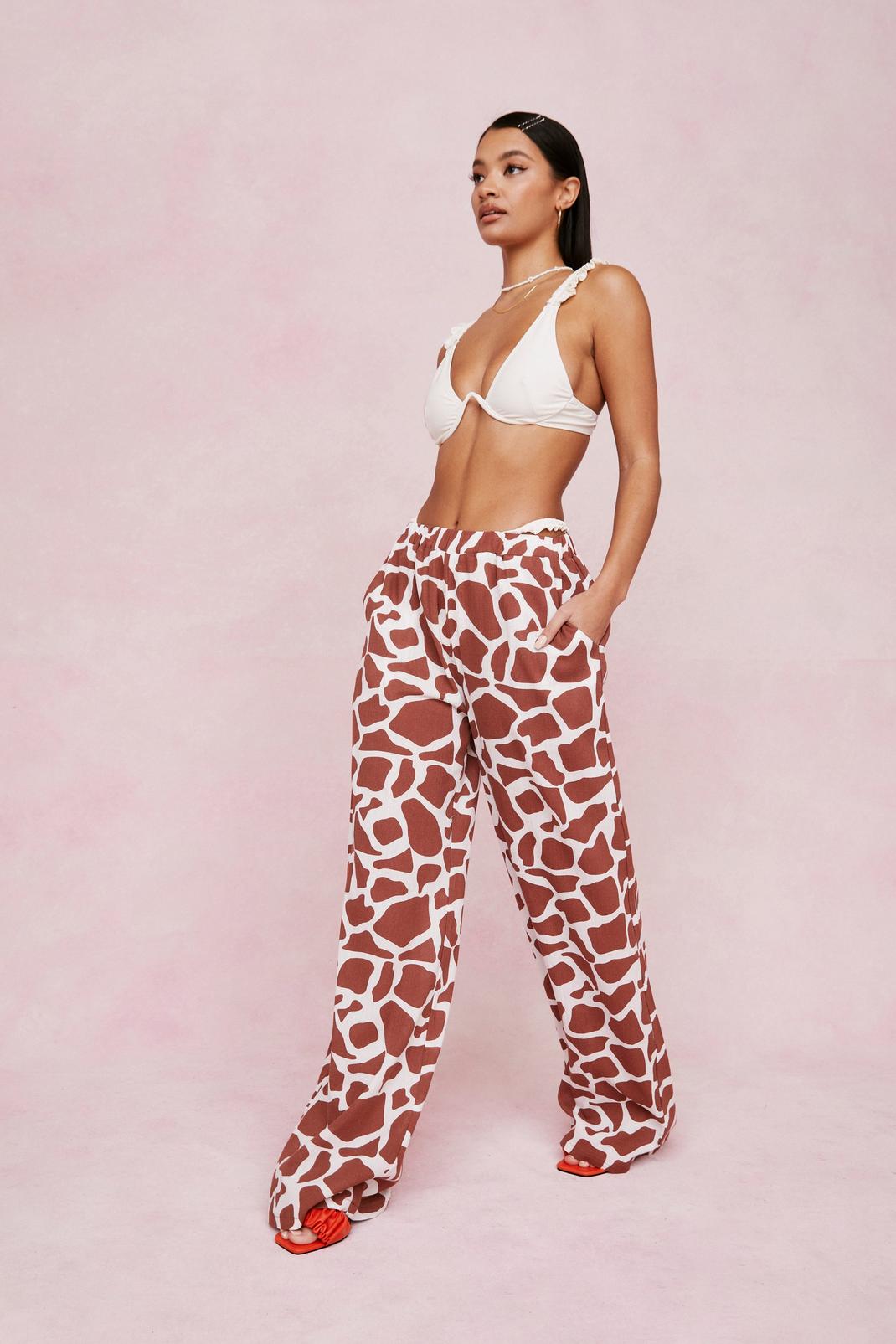Brown Crinkle Giraffe Print Wide Leg Cover Up Trousers image number 1